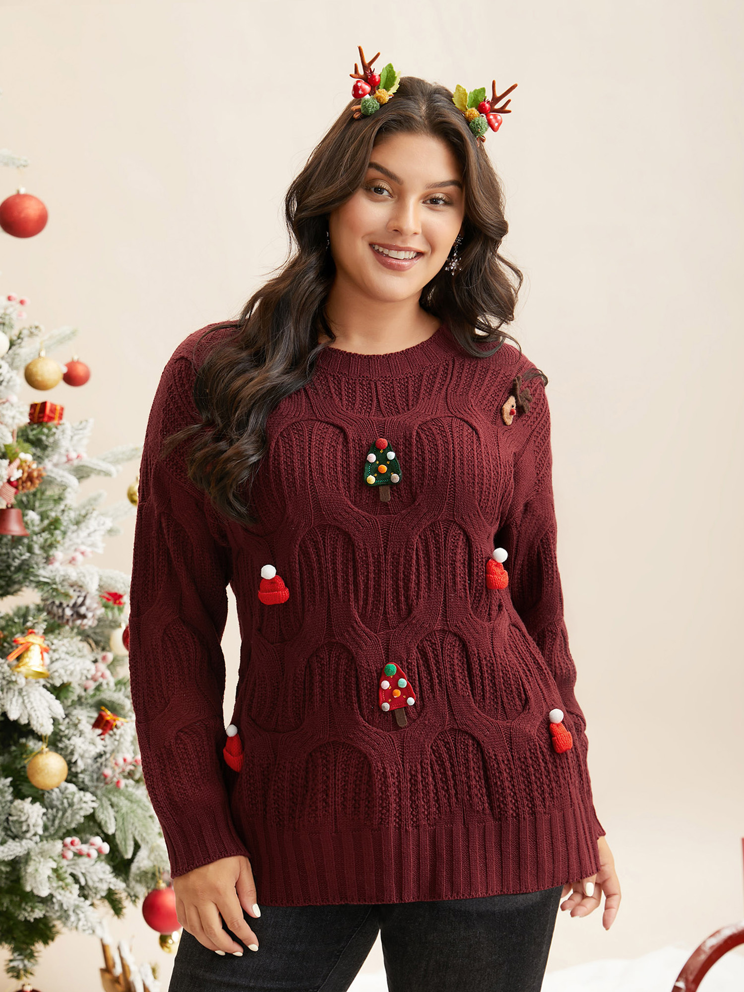 

Plus Size This The Season Motifs Cable Knit Pullover Scarlet Women Casual Loose Long Sleeve Round Neck Everyday Pullovers BloomChic