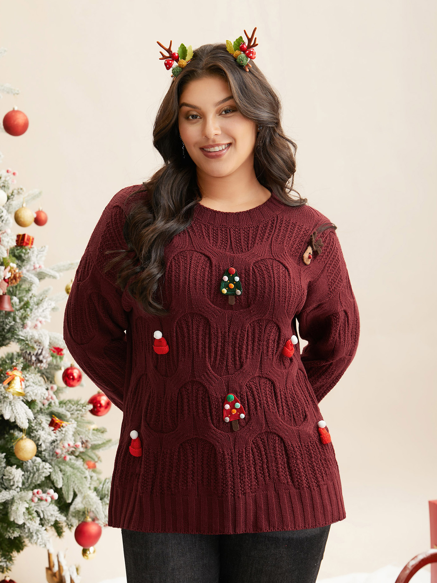 

Plus Size Tis The Season Motifs Cable Knit Pullover Scarlet Women Casual Loose Long Sleeve Round Neck Everyday Pullovers BloomChic