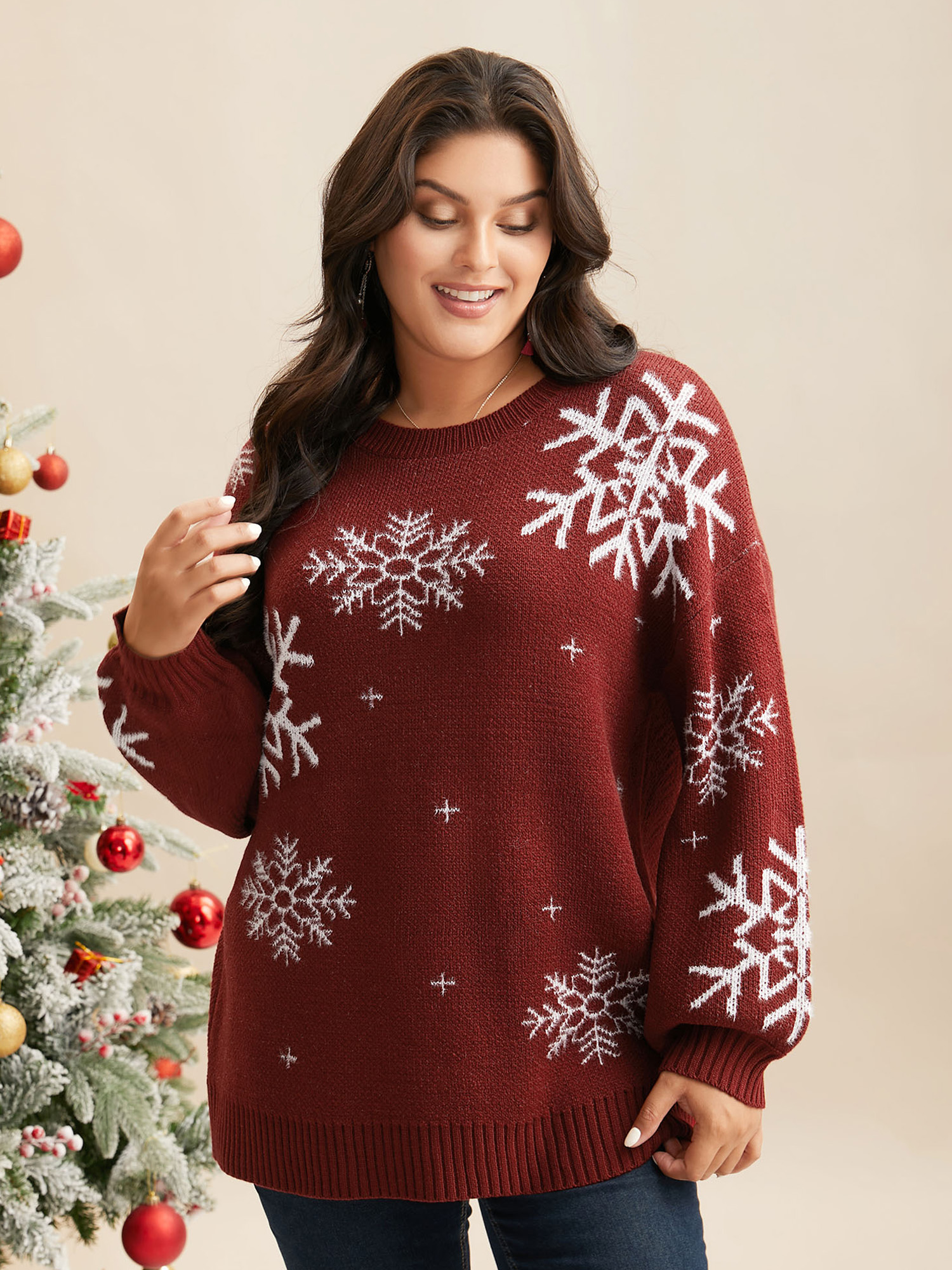 

Plus Size Snowflakes Pattern Drop Shoulders Pullover Scarlet Women Casual Loose Long Sleeve Round Neck Everyday Pullovers BloomChic