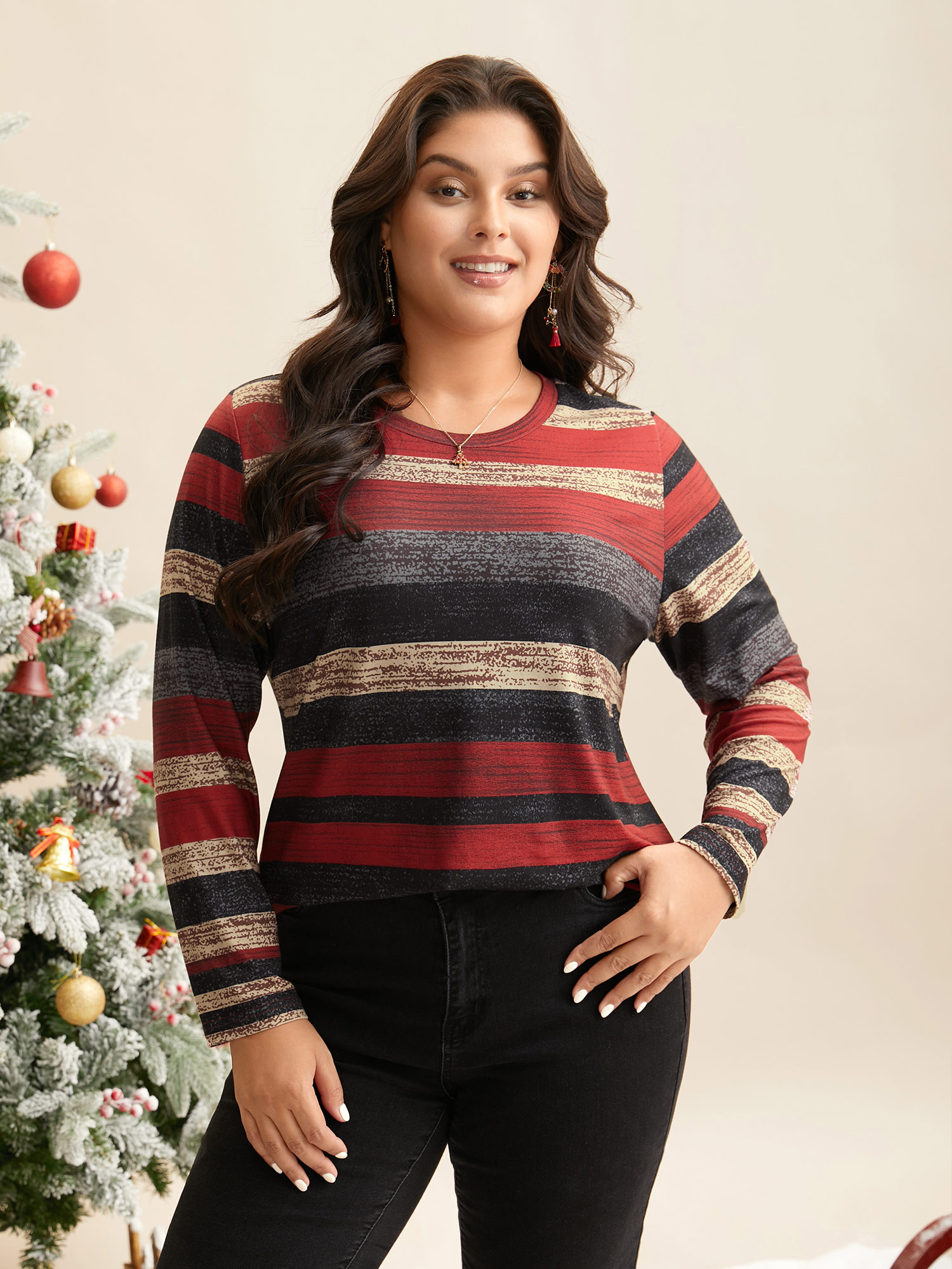 

Plus Size Holiday Colorful Striped Tee Multicolor Women Casual Contrast Round Neck Everyday T-shirts BloomChic