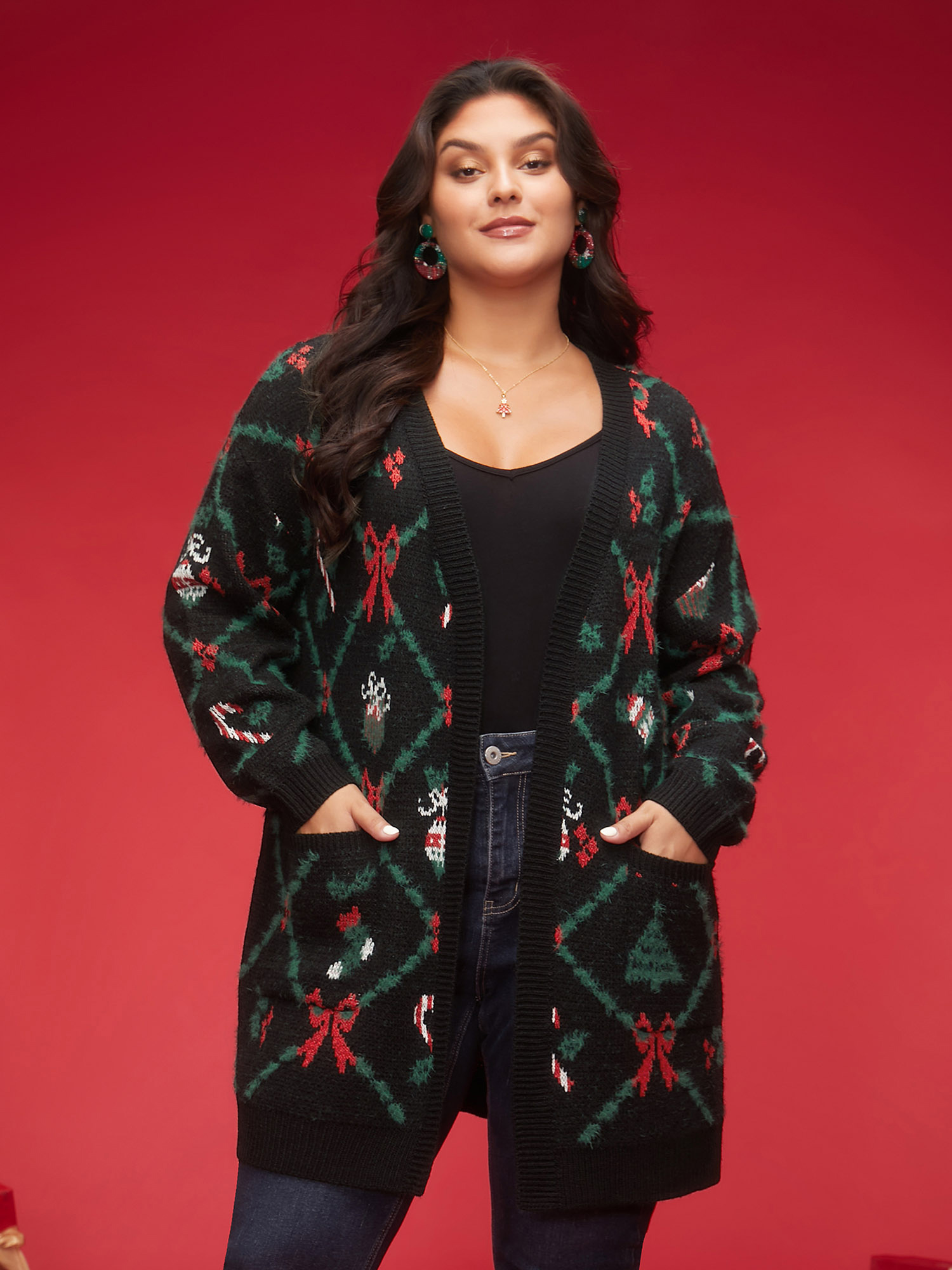 

Plus Size Festive Plaid Pattern Open-Front Cardigan Black Women Casual Loose Long Sleeve Everyday Cardigans BloomChic