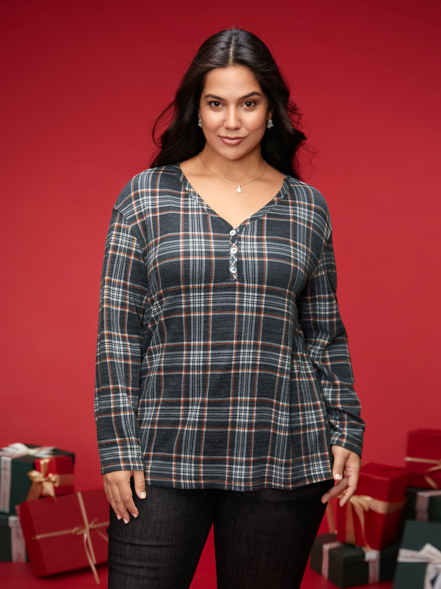 

Plus Size Plaid V-neck Full Sleeves Slim-Fit Tee DimGray Women Casual Button V-neck Everyday T-shirts BloomChic