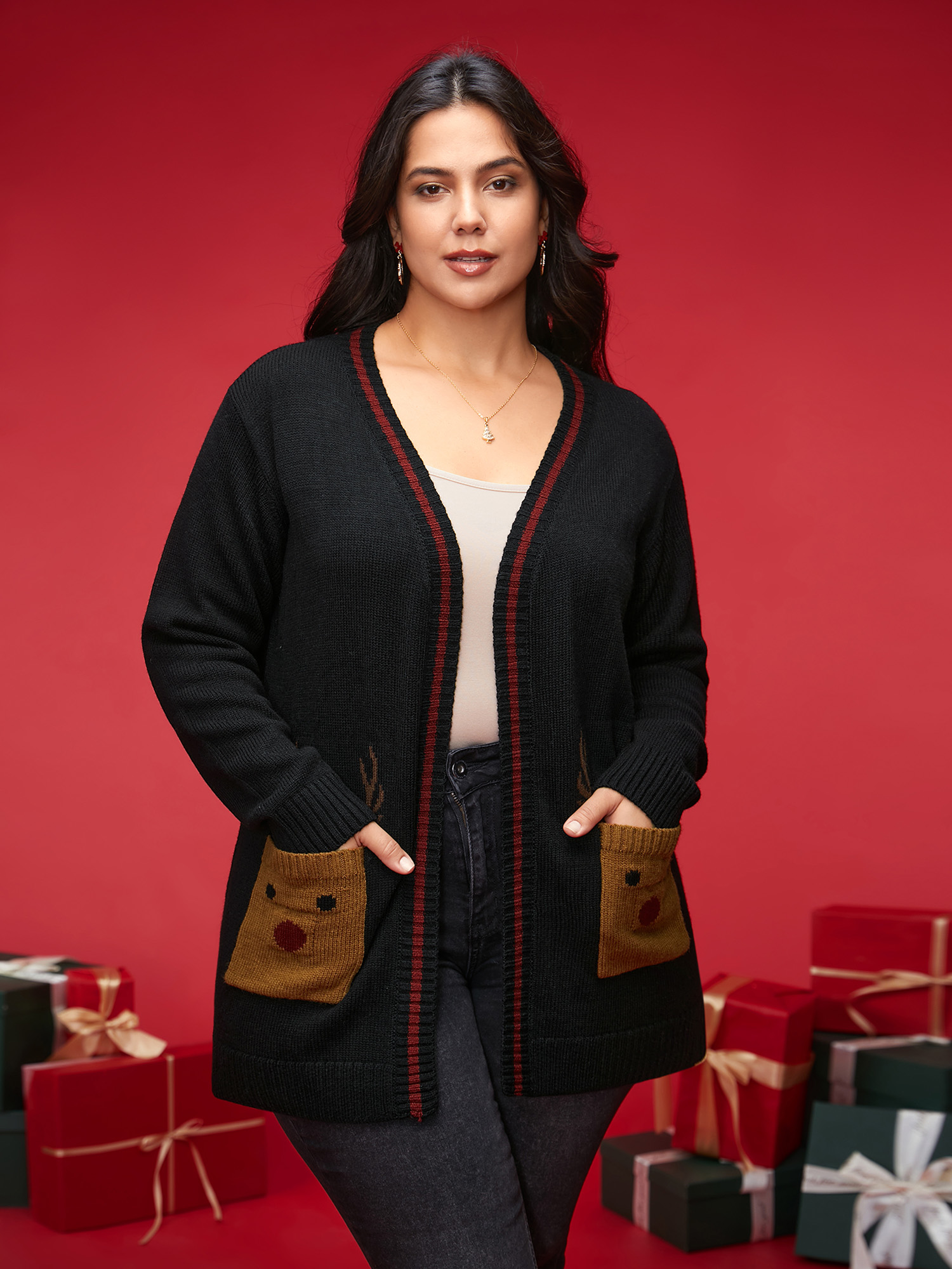 

Plus Size Reindeer Pockets Contrast Placket Open Cardigan Black Women Casual Loose Long Sleeve Everyday Cardigans BloomChic