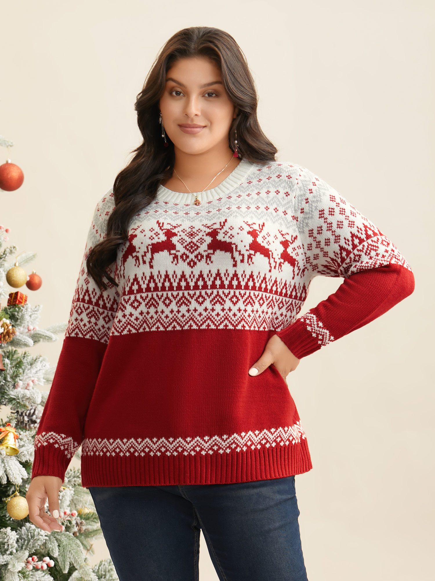 

Plus Size Supersoft Essentials Reindeer Print Round Neck Pullover Scarlet Women Elegant Loose Long Sleeve Round Neck Everyday Pullovers BloomChic