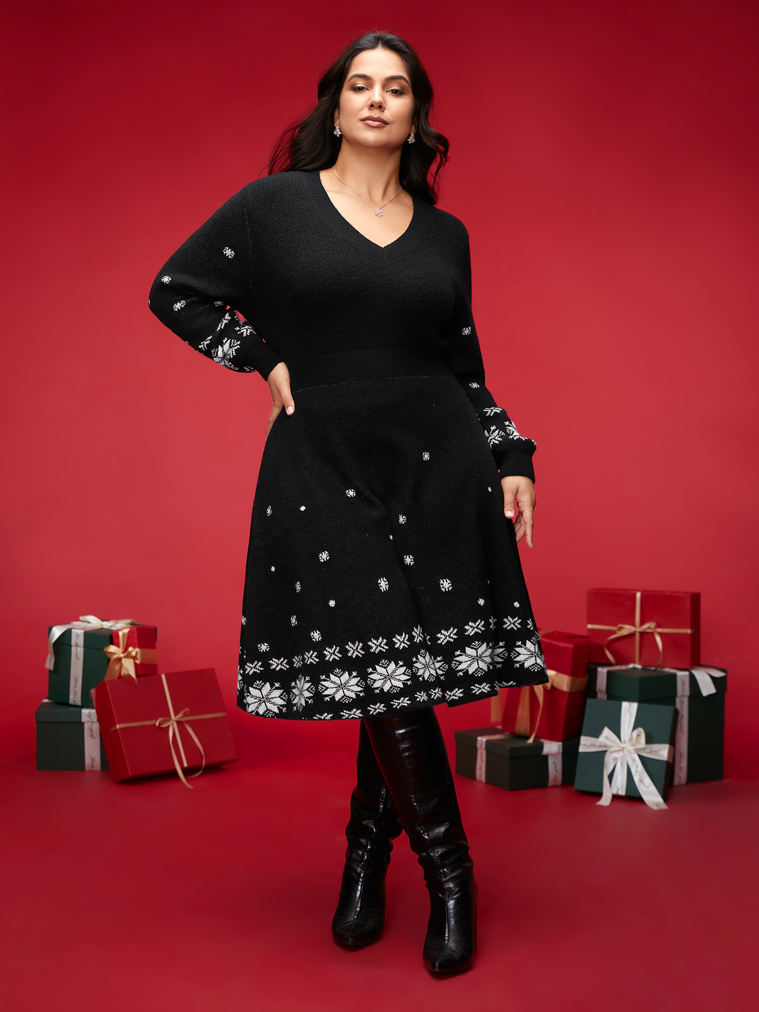 

Plus Size Snowfall Jacquard Pattern Midi Sweater Dress Black Women Casual Bodycon Long Sleeve Everyday Sweater Dresses BloomChic