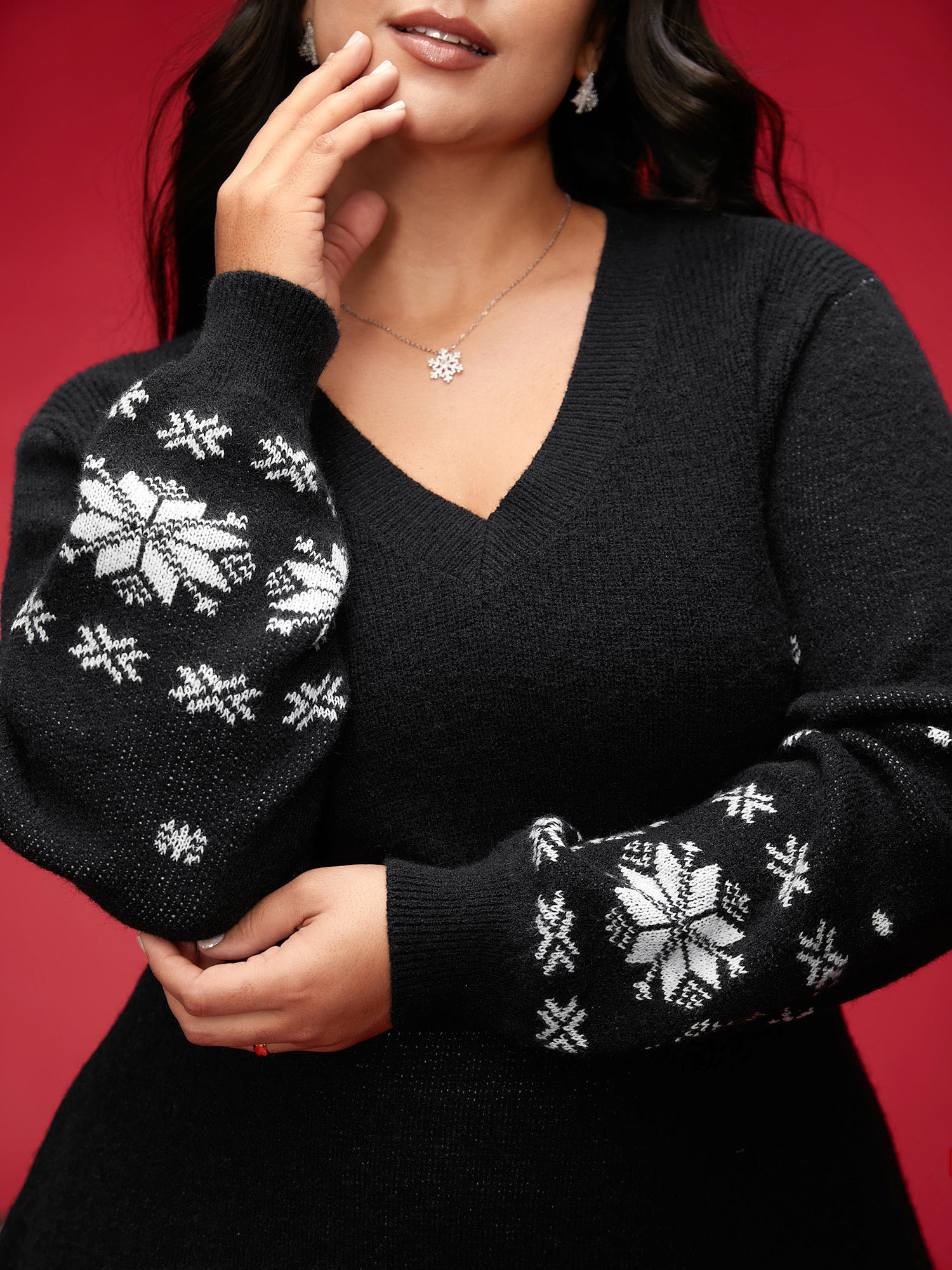 Plus Size Snowfall Jacquard Pattern Midi Sweater Dress Black Women Casual Bodycon Long Sleeve Everyday Sweater Dresses BloomChic 18-20/2X 