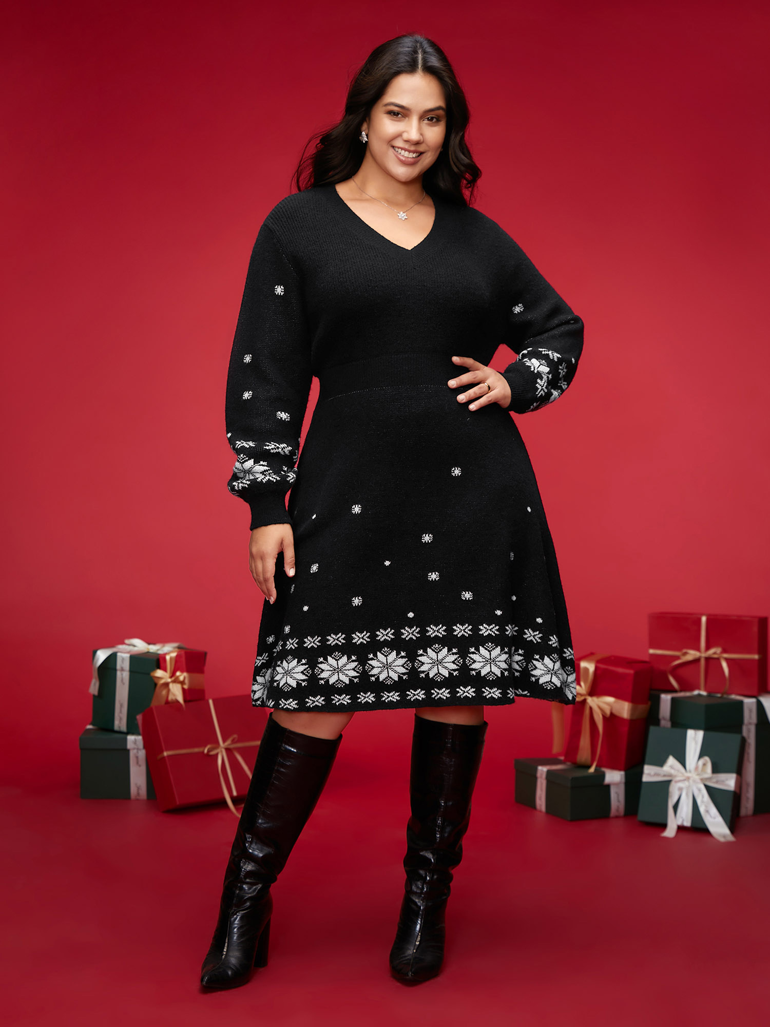 

Plus Size Snowfall Jacquard Pattern Midi Sweater Dress Black Women Casual Bodycon Long Sleeve Everyday Sweater Dresses BloomChic