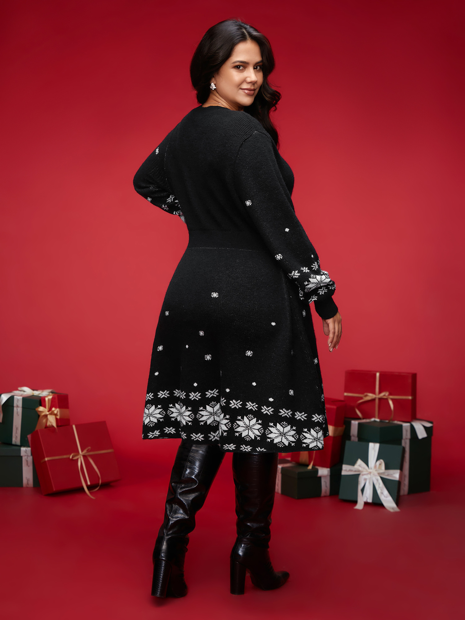 

Plus Size Snowfall Jacquard Pattern Midi Sweater Dress Black Women Casual Bodycon Long Sleeve Everyday Sweater Dresses BloomChic