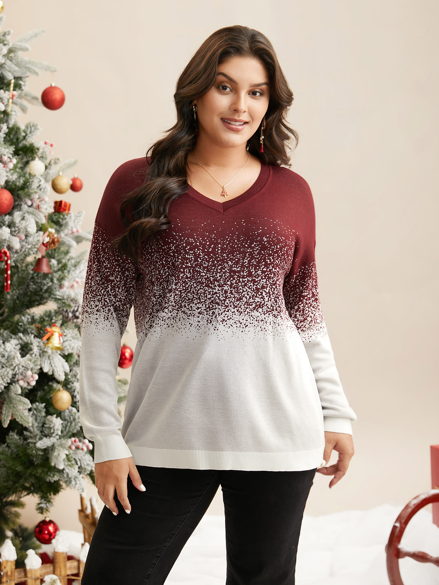 

Plus Size Holiday Gradient Jacquard Pattern V-neck Pullover Scarlet Women Casual Loose Long Sleeve V-neck Everyday Pullovers BloomChic