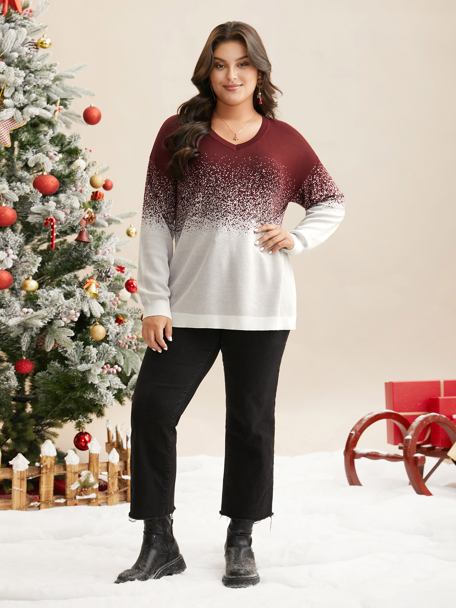 

Plus Size Holiday Gradient Jacquard Pattern V-neck Pullover Scarlet Women Casual Loose Long Sleeve V-neck Everyday Pullovers BloomChic