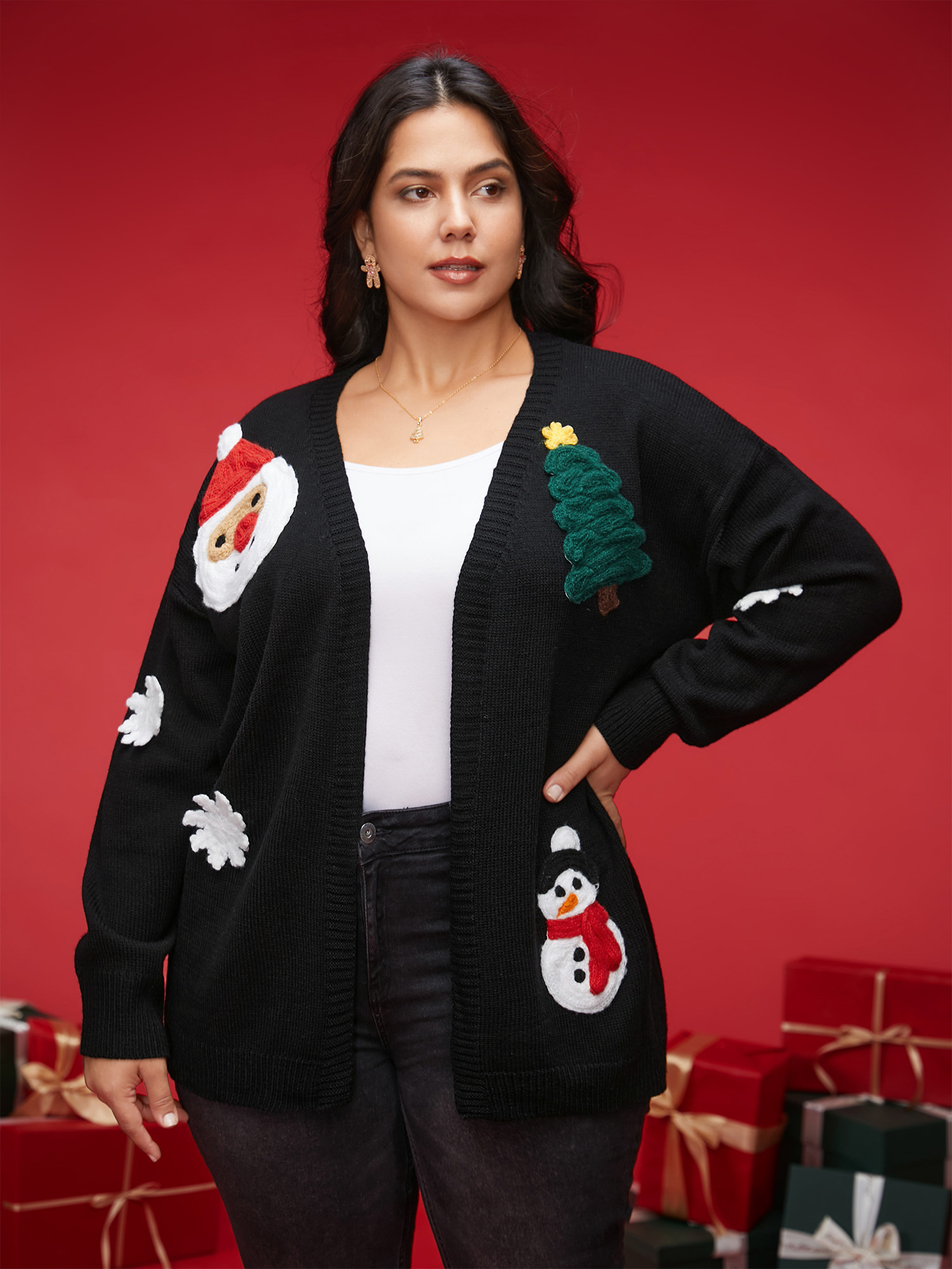 

Plus Size Holiday Wonderland Motifs V-neck Cardigan Black Women Casual Loose Long Sleeve Everyday Cardigans BloomChic