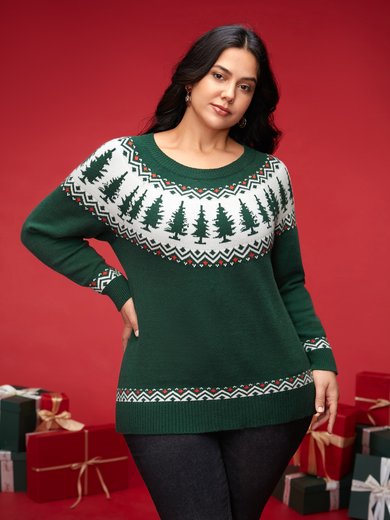 

Plus Size Supersoft Essentials Festive Knit Pullover DarkGreen Women Casual Loose Long Sleeve Round Neck Everyday Pullovers BloomChic