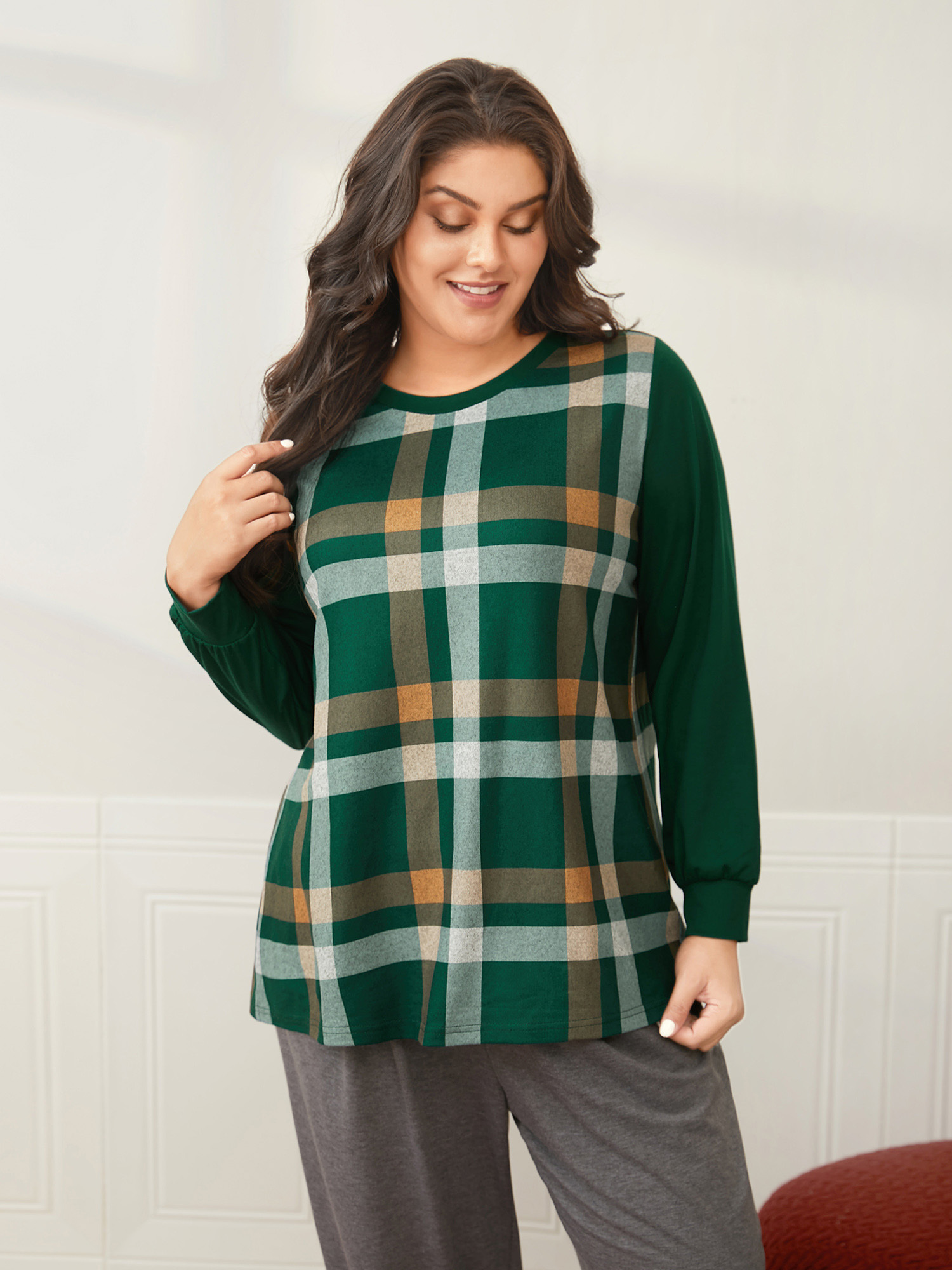 

Plus Size Plaid Patchwork Solid Long-Sleeves Tee DarkGreen Women Casual Contrast Round Neck Everyday T-shirts BloomChic