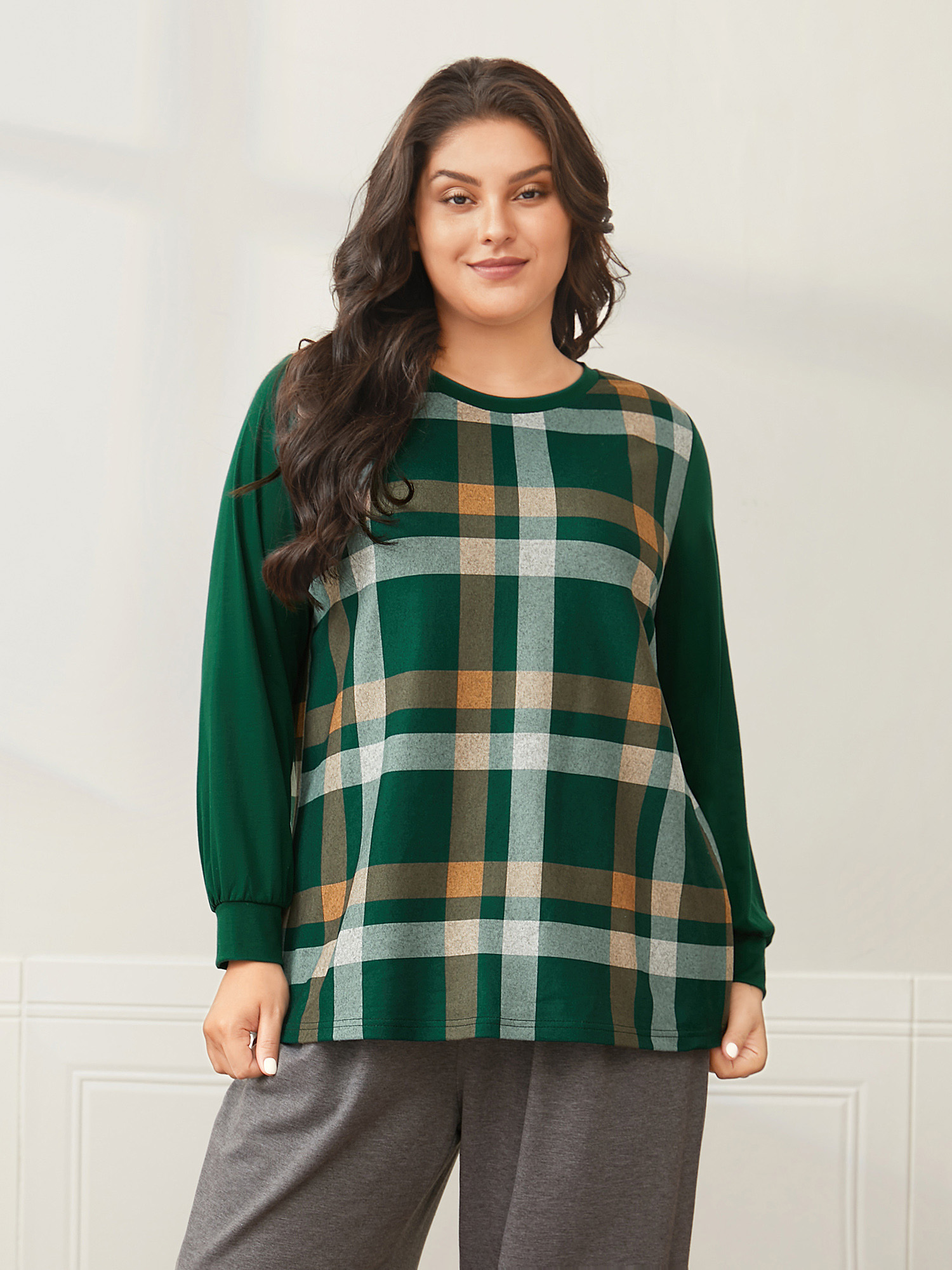 

Plus Size Plaid Patchwork Solid Long-Sleeves Tee DarkGreen Women Casual Contrast Round Neck Everyday T-shirts BloomChic