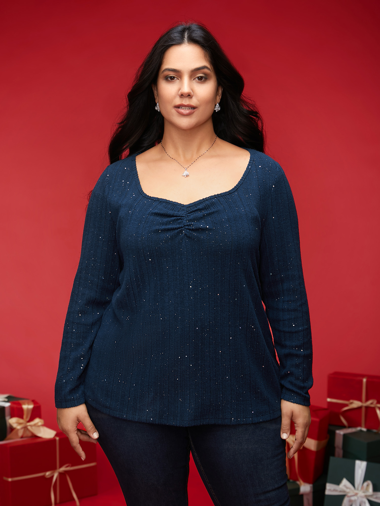 

Plus Size Shimmery Sequin Ruched Heart Neckline Tee Indigo Women Elegant Texture Non Everyday T-shirts BloomChic