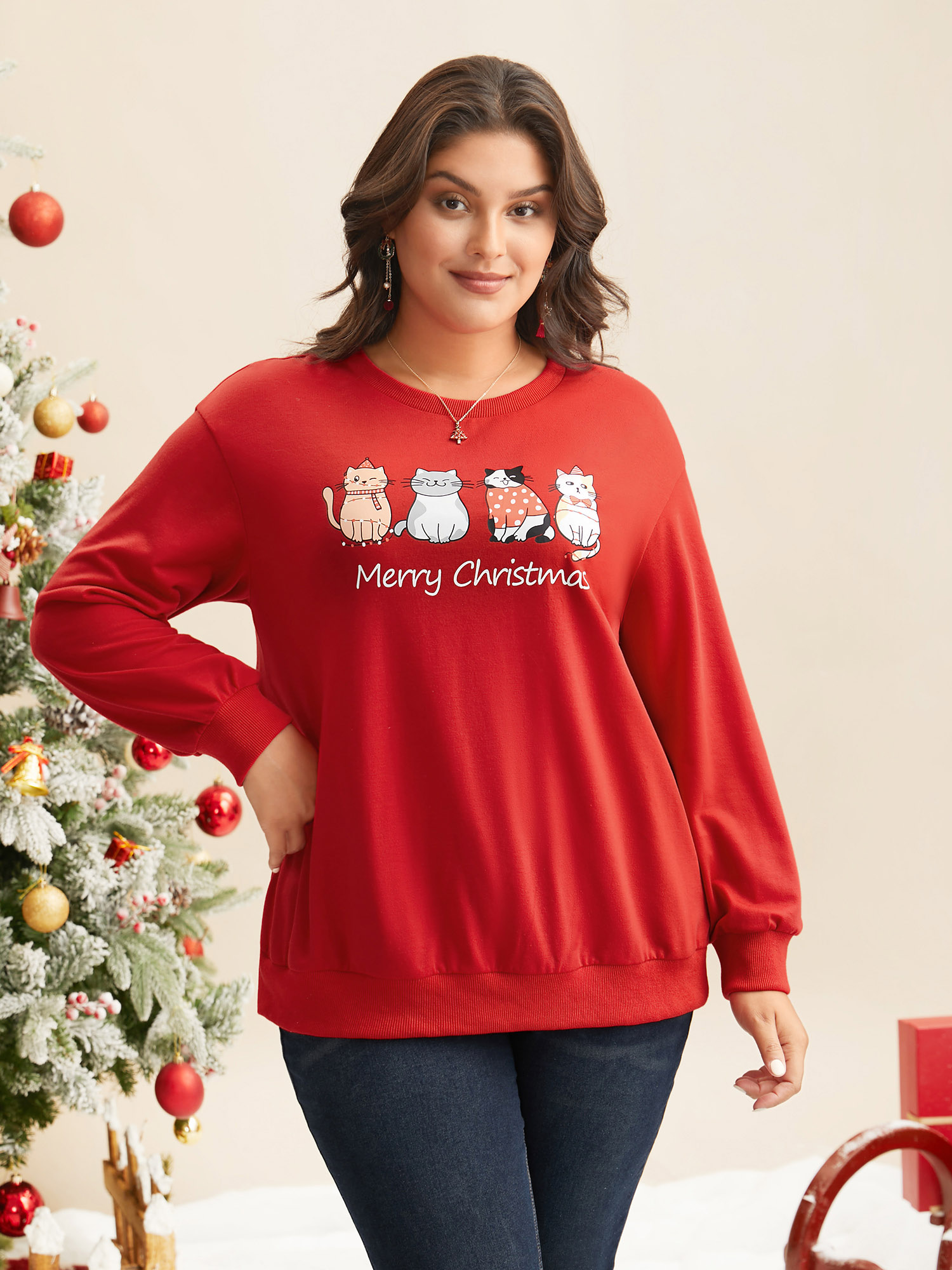 

Plus Size Festive Cats Print Relaxed Fit Sweatshirt Women Brightred Casual Non Round Neck Everyday Sweatshirts BloomChic