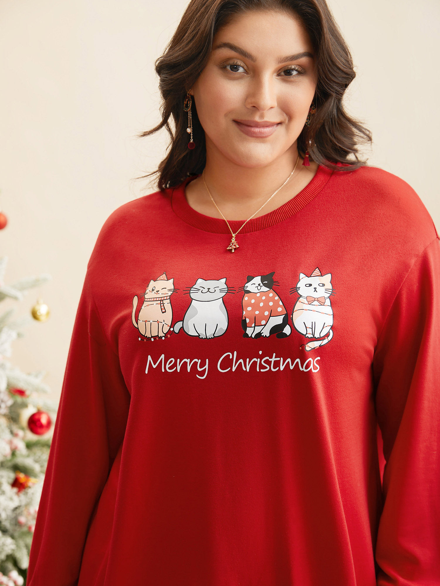 

Plus Size Festive Cats Print Relaxed Fit Sweatshirt Women Brightred Casual Non Round Neck Everyday Sweatshirts BloomChic