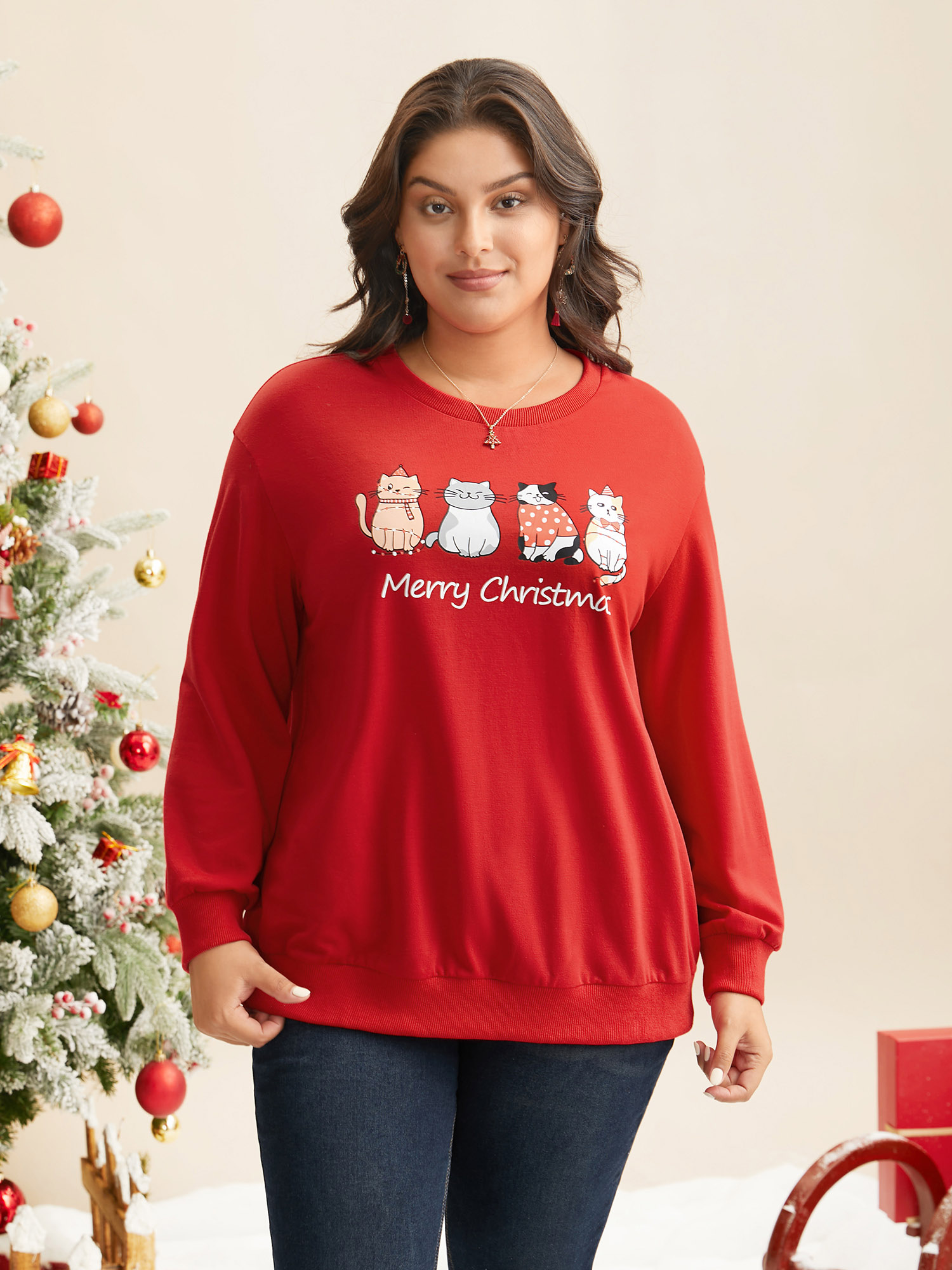 Plus Size Festive Cats Print Relaxed Fit Sweatshirt Women Brightred Casual Non Round Neck Everyday Sweatshirts BloomChic 18-20/2X 