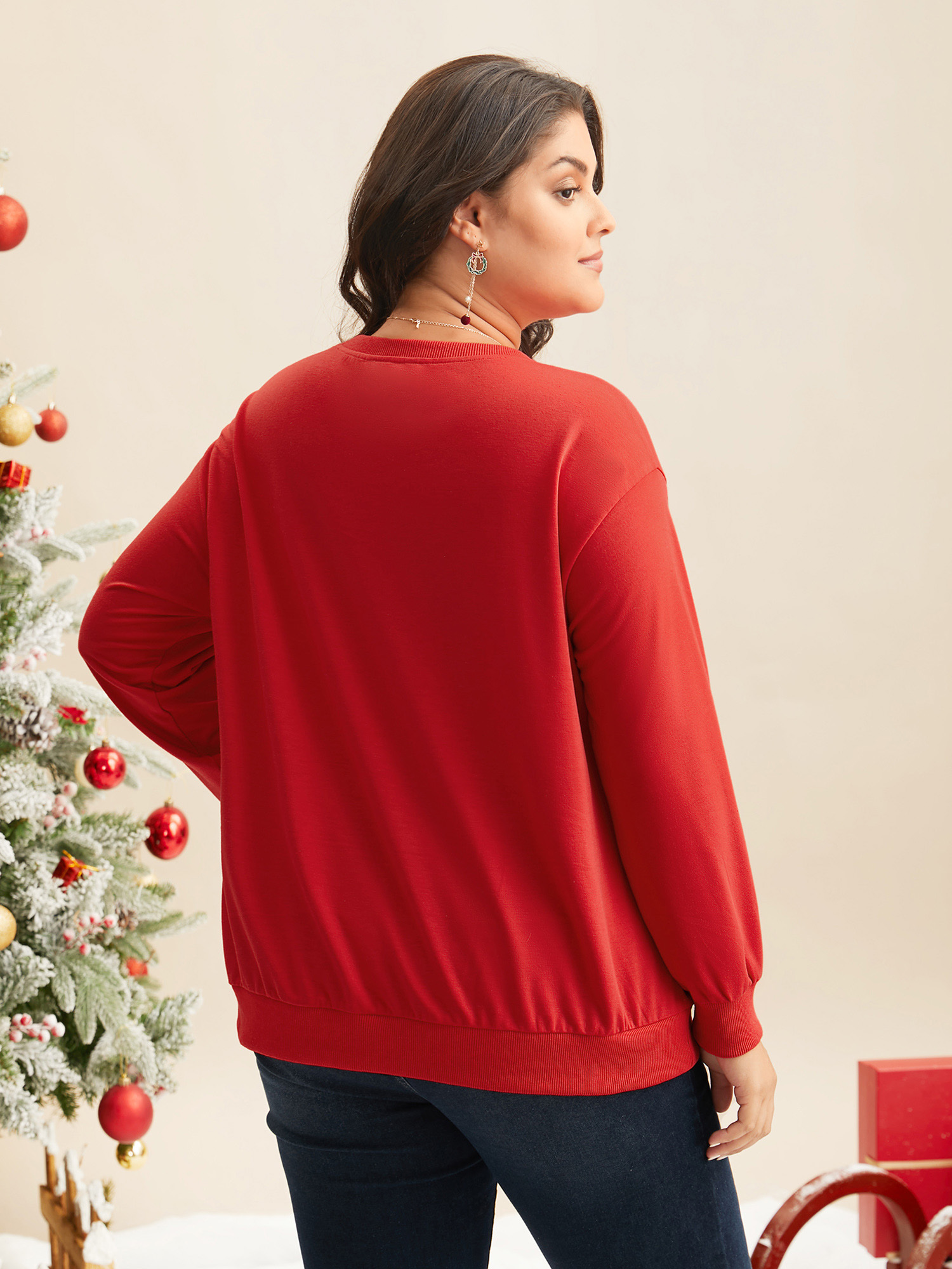 Plus Size Festive Cats Print Relaxed Fit Sweatshirt Women Brightred Casual Non Round Neck Everyday Sweatshirts BloomChic 18-20/2X 