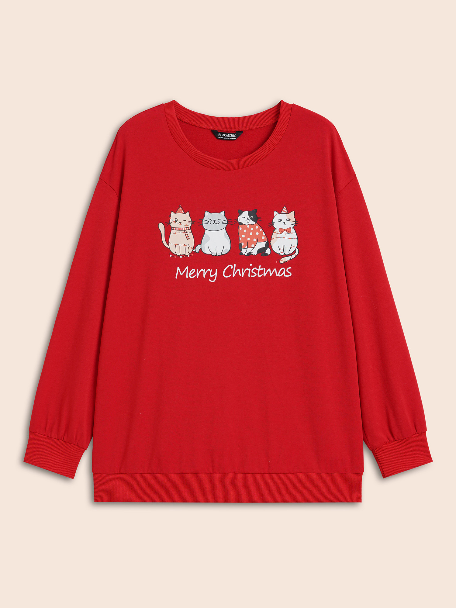 Plus Size Festive Cats Print Relaxed Fit Sweatshirt Women Brightred Casual Non Round Neck Everyday Sweatshirts BloomChic 18-20/2X 