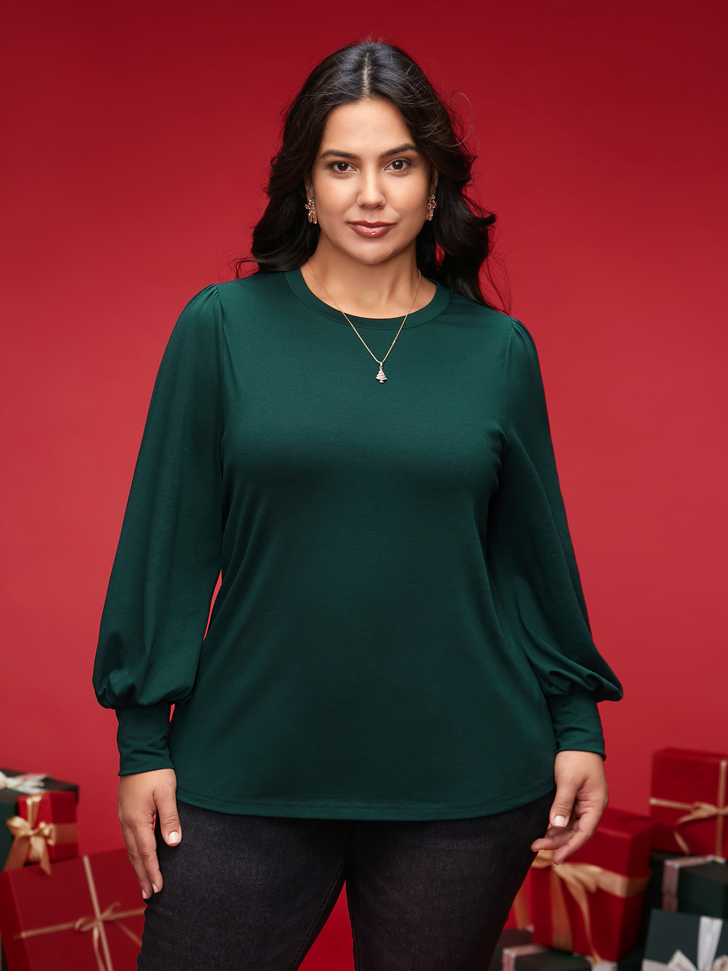 

Plus Size Round Neck Balloon Sleeves A-line Tee DarkGreen Women Elegant Gathered Round Neck Everyday T-shirts BloomChic