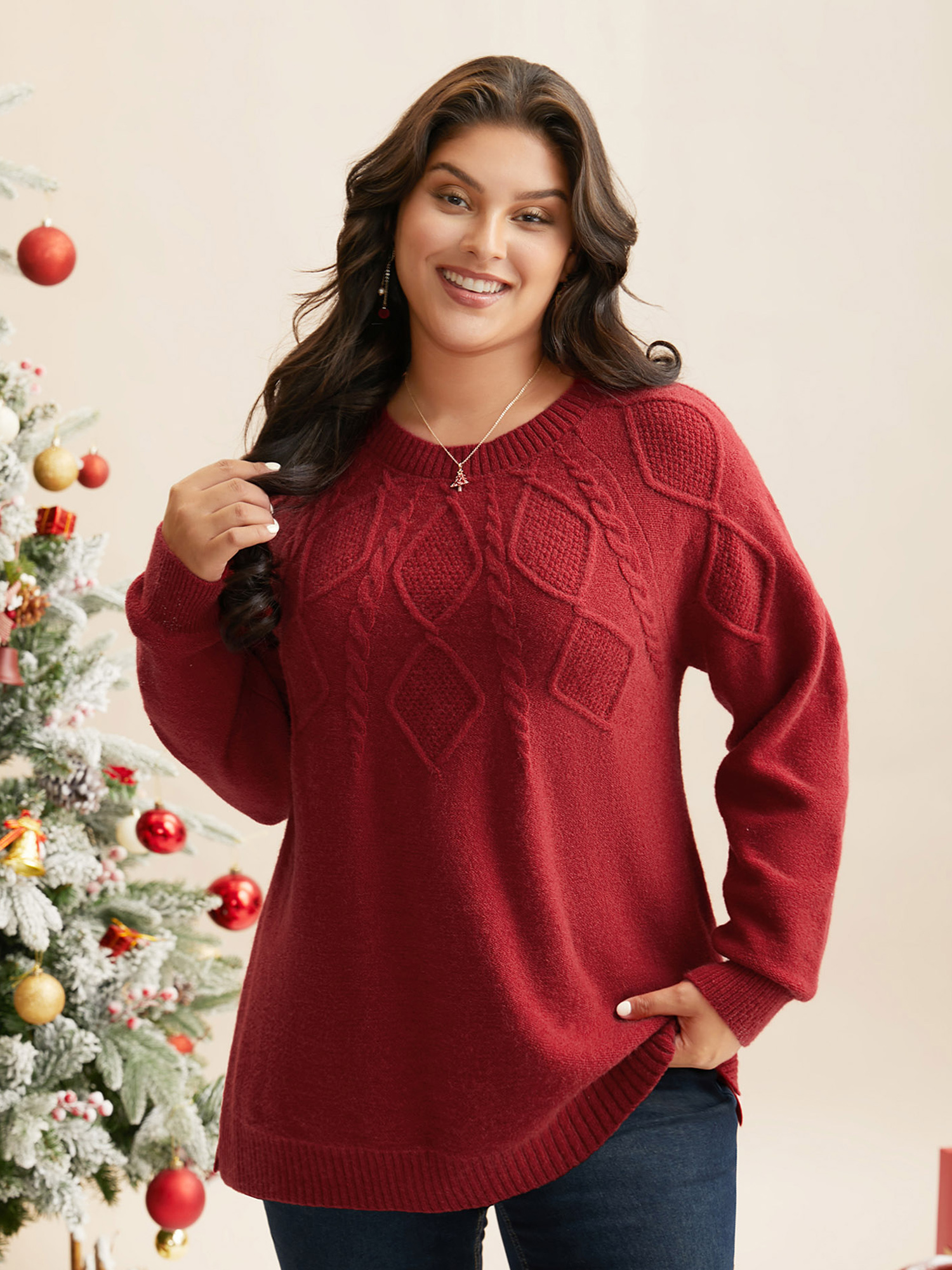 

Plus Size Cable Knit Bodice Crew-Neck Pullover Brightred Women Casual Loose Long Sleeve Round Neck Everyday Pullovers BloomChic