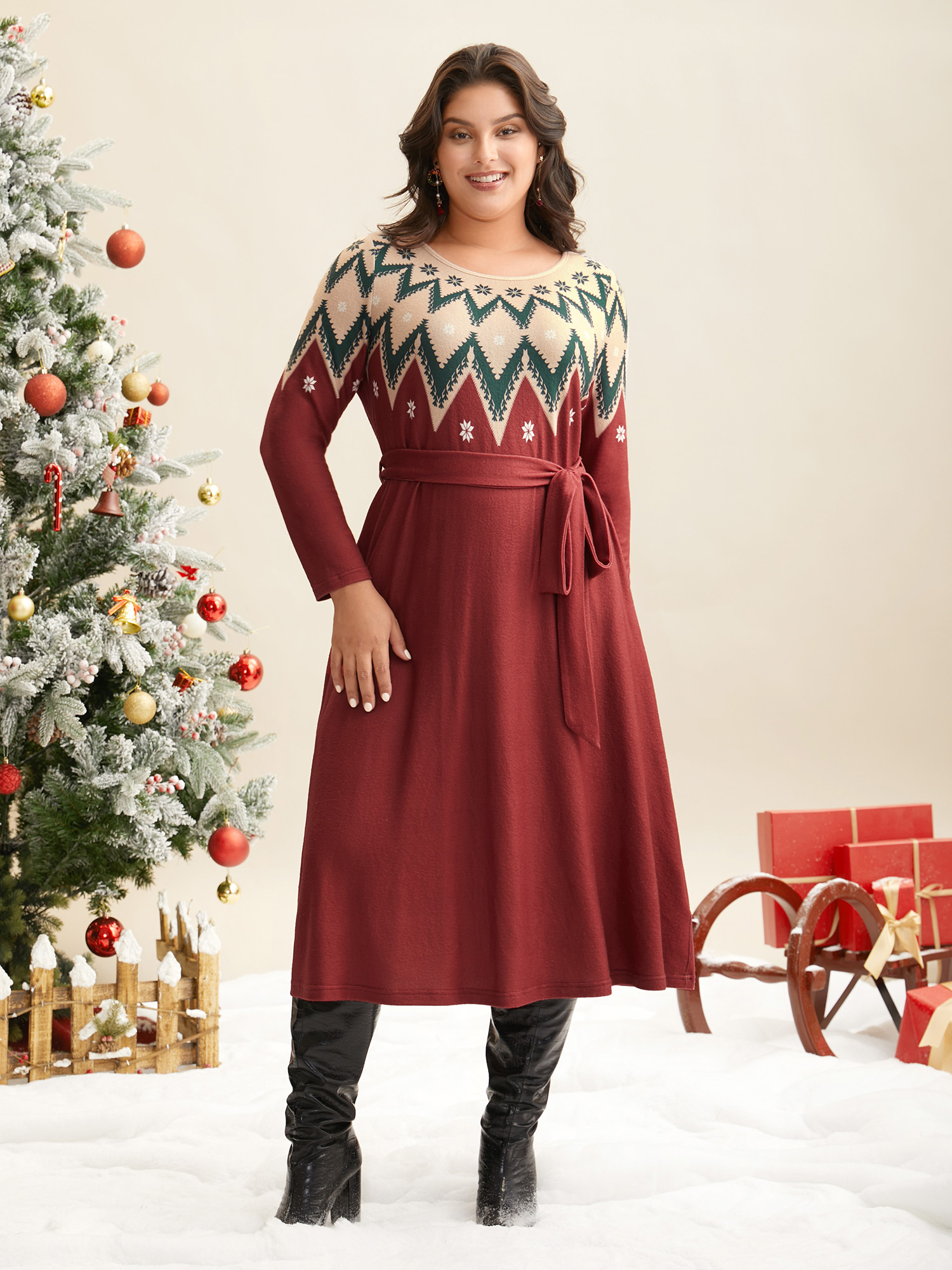 

Plus Size Fair Isle Yoke Waist-Tie Midi Dress Burgundy Women Casual Belted Party Curvy Bloomchic