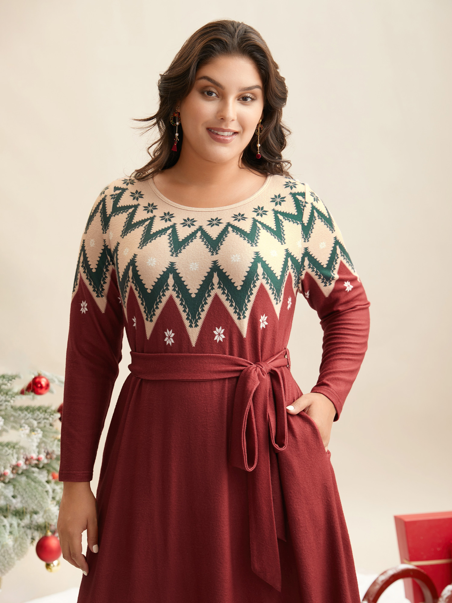 

Plus Size Fair Isle Yoke Waist-Tie Midi Dress Burgundy Women Casual Belted Party Curvy Bloomchic