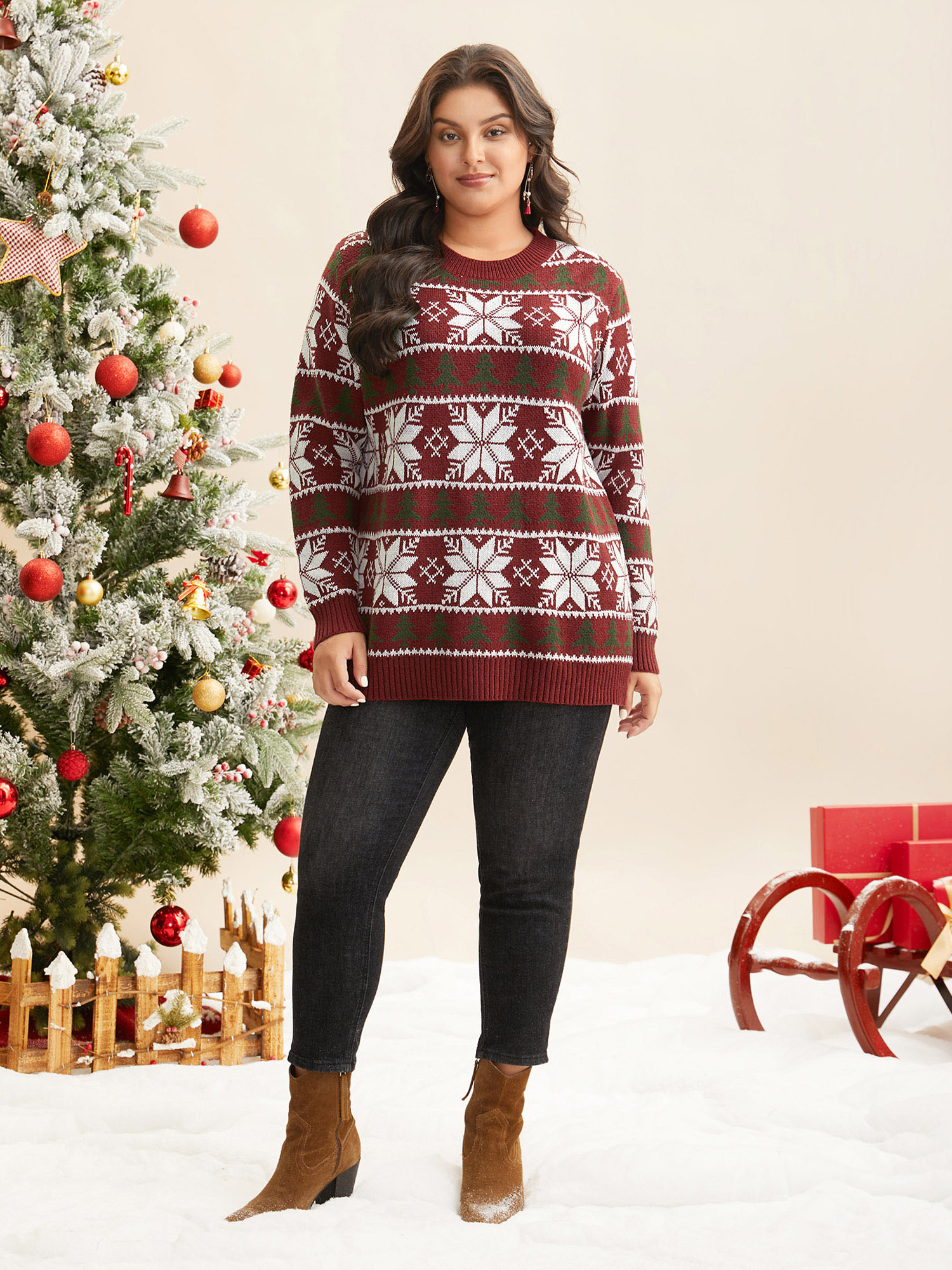 

Plus Size Supersoft Essentials Snowflakes Pattern Ribbed Pullover Scarlet Women Casual Loose Long Sleeve Round Neck Everyday Pullovers BloomChic