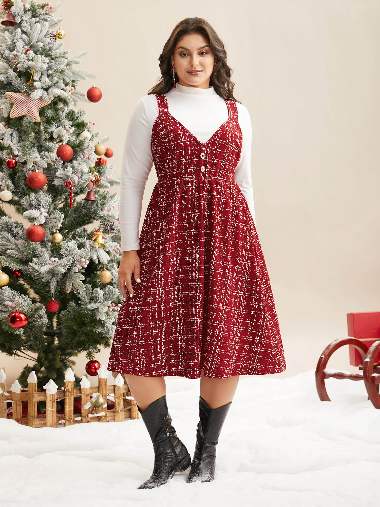 

Plus Size Plaid Cami Front Button Midi Dress Scarlet Women Elegant Button Deep V-neck Sleeveless Curvy BloomChic