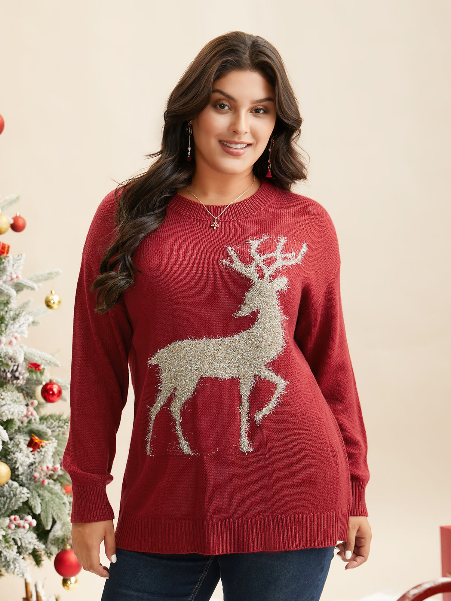 

Plus Size Fuzzy Reindeer Motif Crew-Neck Pullover Scarlet Women Casual Loose Long Sleeve Round Neck Everyday Pullovers BloomChic