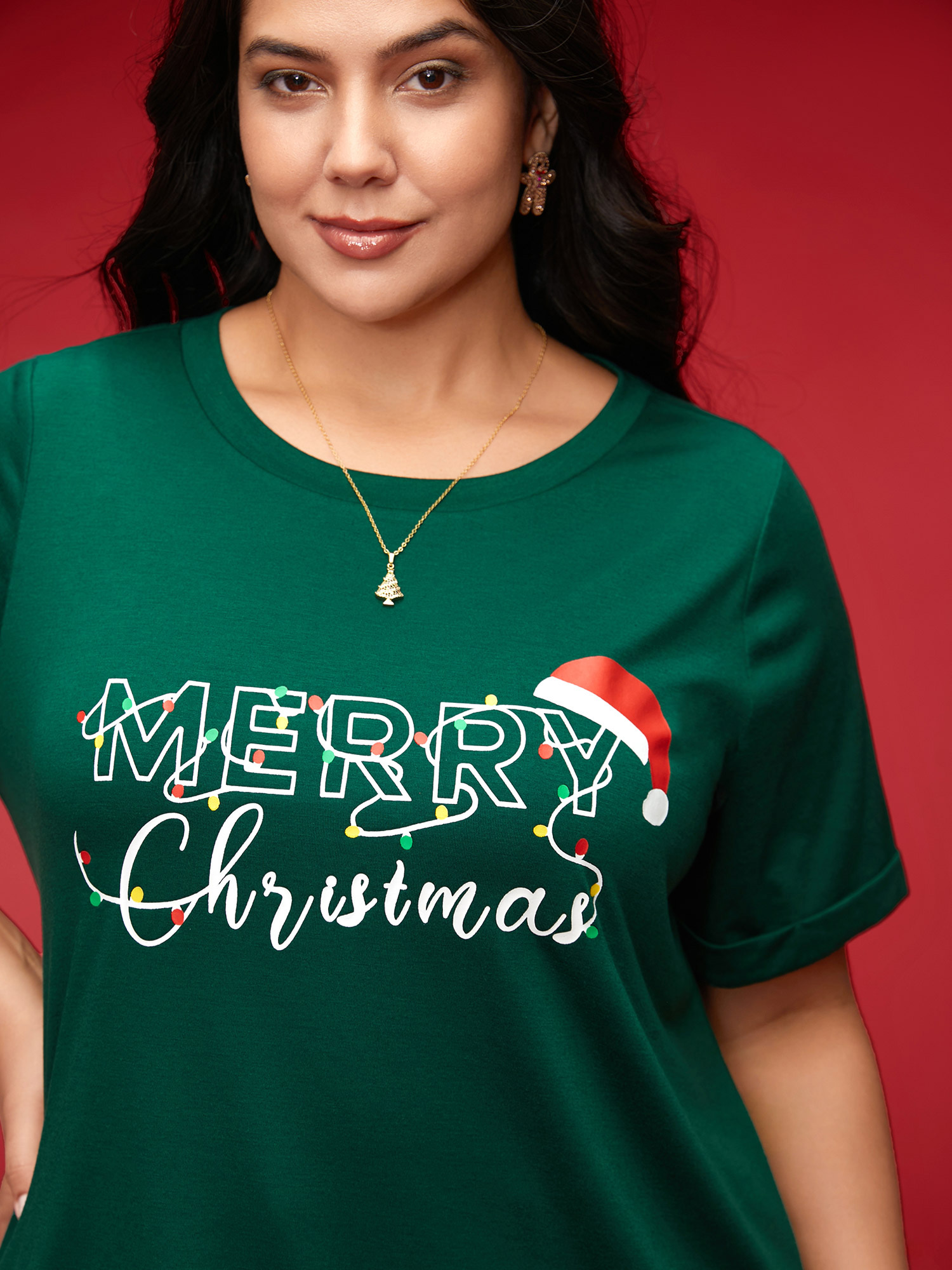 

Plus Size Festive Print Half-Sleeves Tee DarkGreen Women Casual Roll Hem Christmas Round Neck Everyday T-shirts BloomChic