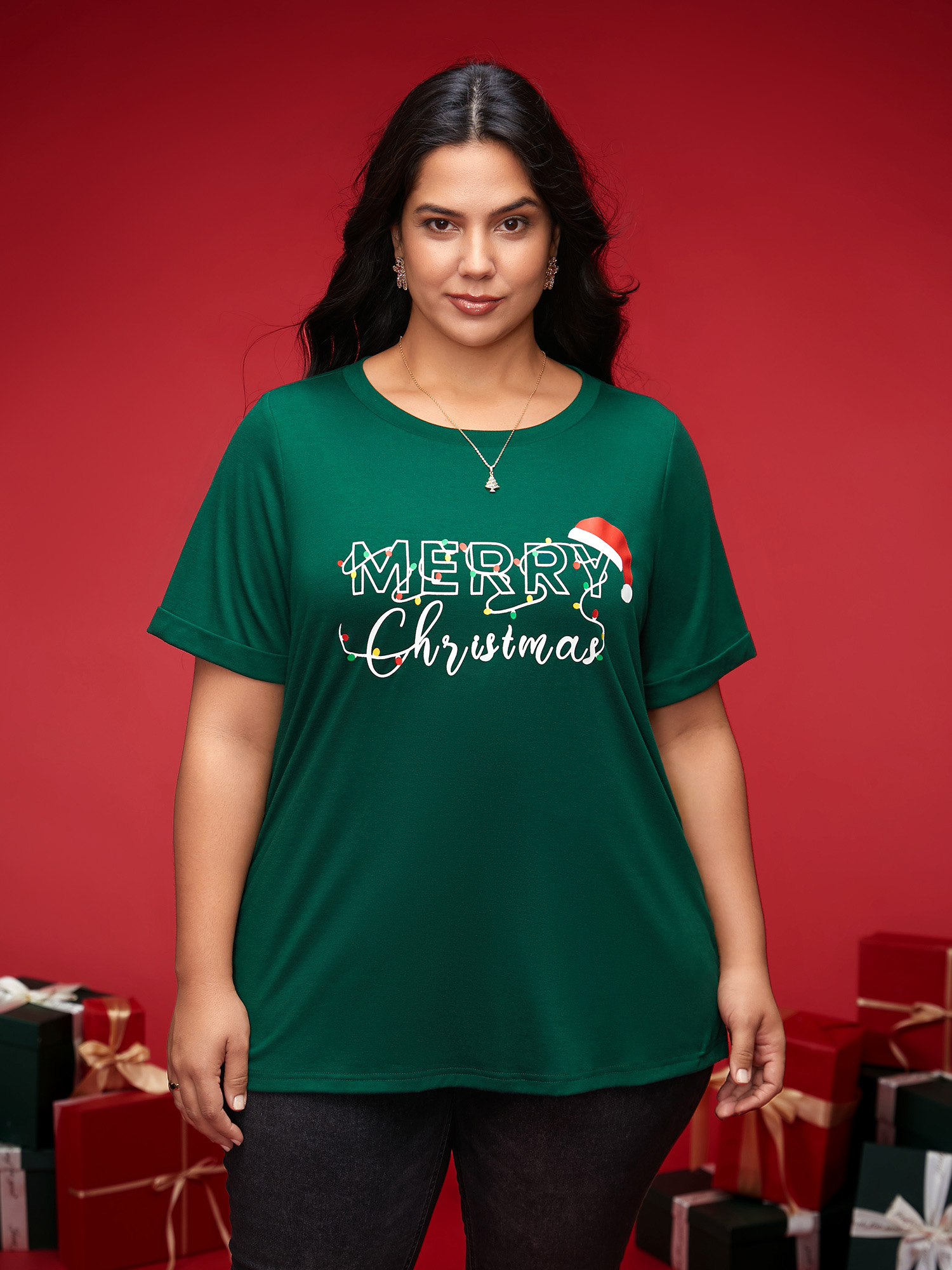 

Plus Size Festive Print Half-Sleeves Tee DarkGreen Women Casual Roll Hem Christmas Round Neck Everyday T-shirts BloomChic