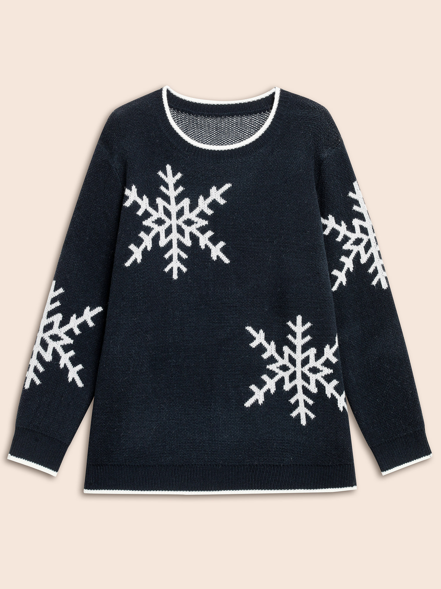 

Plus Size Snowflakes Pattern Contrasting Hem Pullover Indigo Women Casual Loose Long Sleeve Round Neck Everyday Pullovers BloomChic