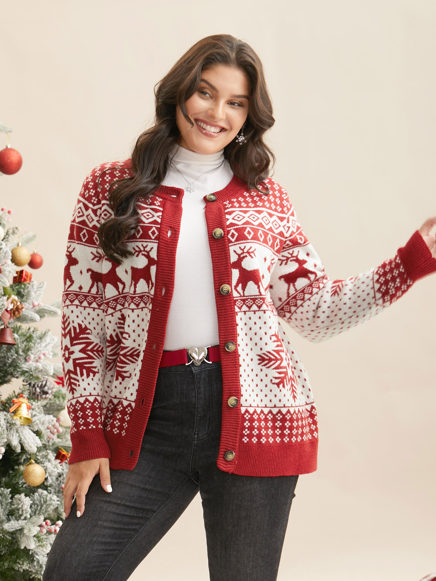 

Plus Size Reindeer And Snow Pattern Button-Front Cardigan Scarlet Women Casual Loose Long Sleeve Everyday Cardigans BloomChic