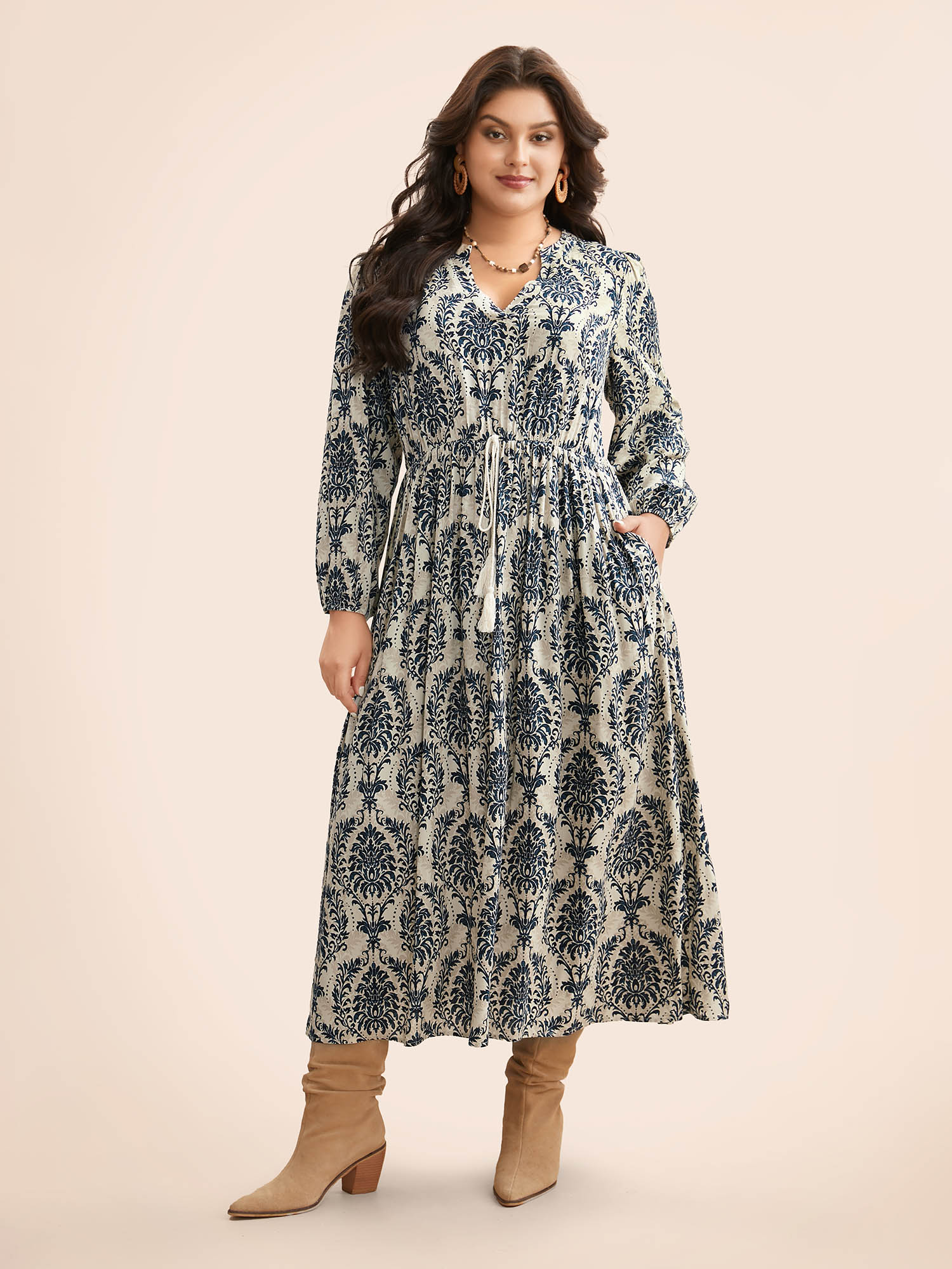 

Plus Size Boho Print Notched Tie Knot Maxi Dress DarkBlue Women Resort Tie knot Flat collar with V-notch Long Sleeve Curvy BloomChic