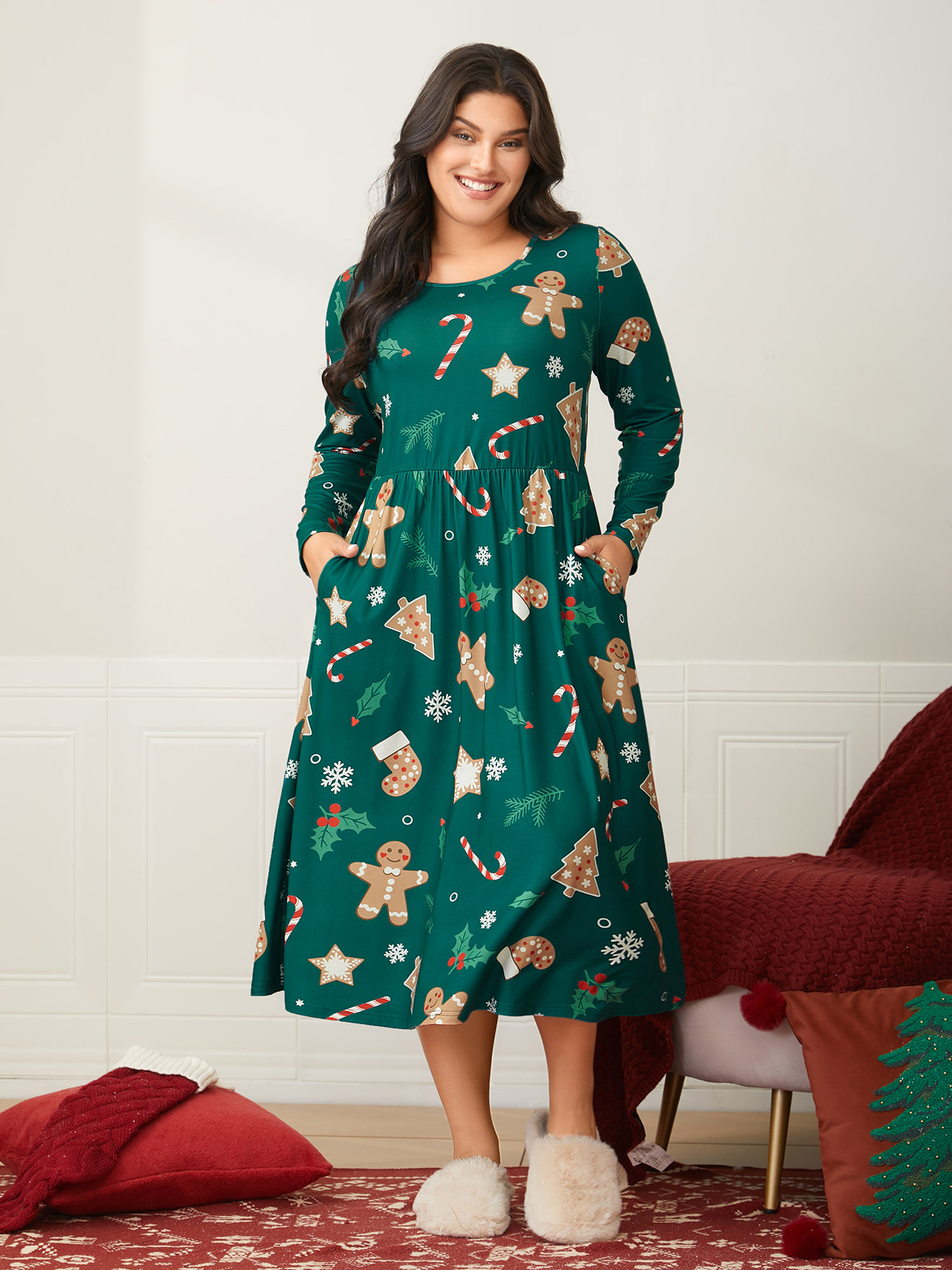 

Plus Size Gingerbread CandyCane Lounge Midi Dress DarkGreen  Bloomchic