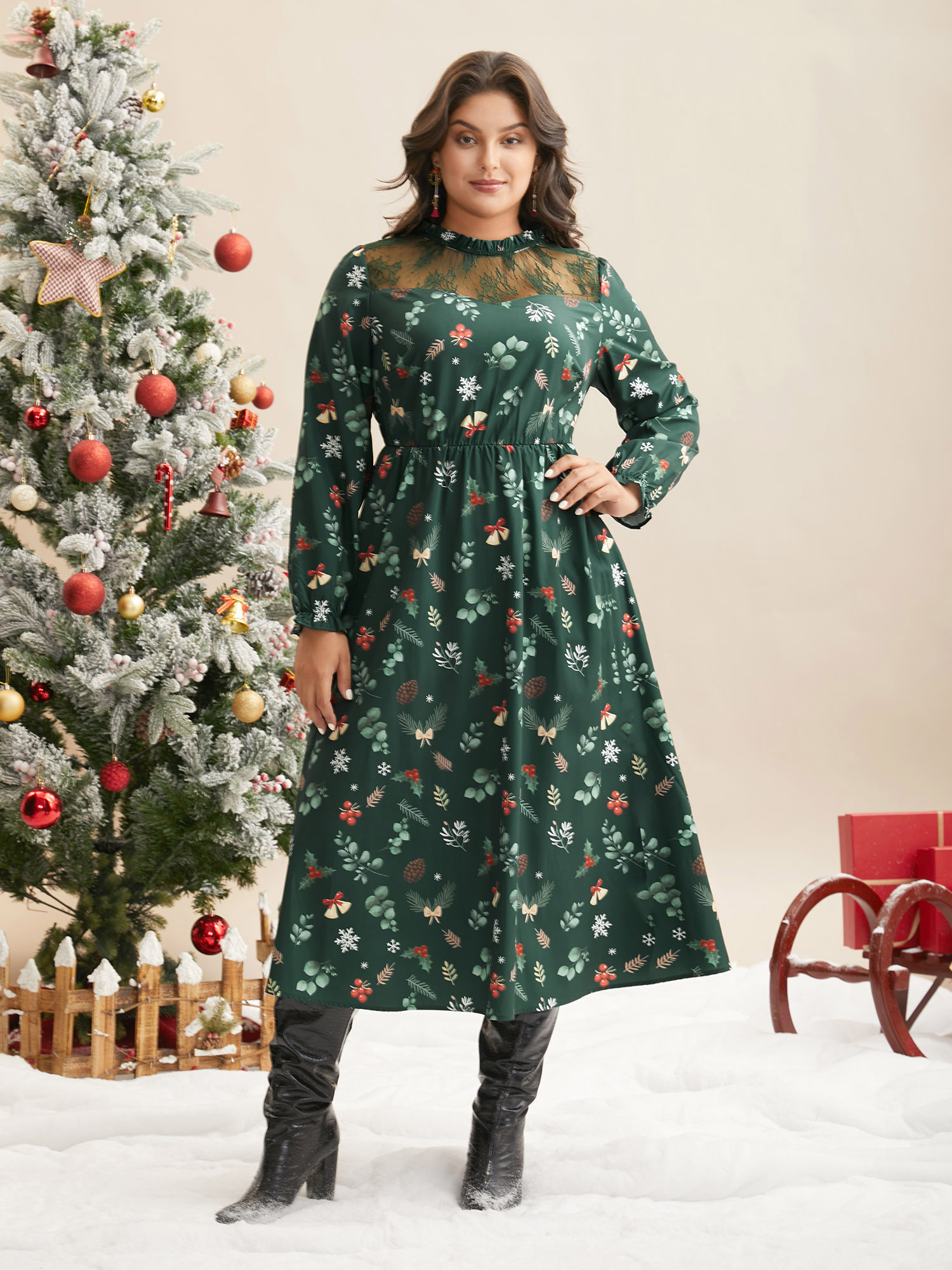 

Plus Size Lace Trim Sheer Neckline Midi Dress Truegreen Women Elegant Woven ribbon&lace trim Mock Neck Long Sleeve Curvy BloomChic