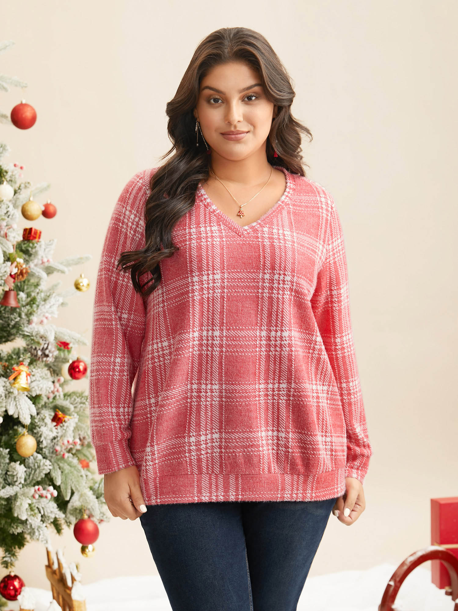 

Plus Size Brushed Plaid V-neck Sweatshirt Women Brightred Casual Non V-neck Everyday Sweatshirts BloomChic