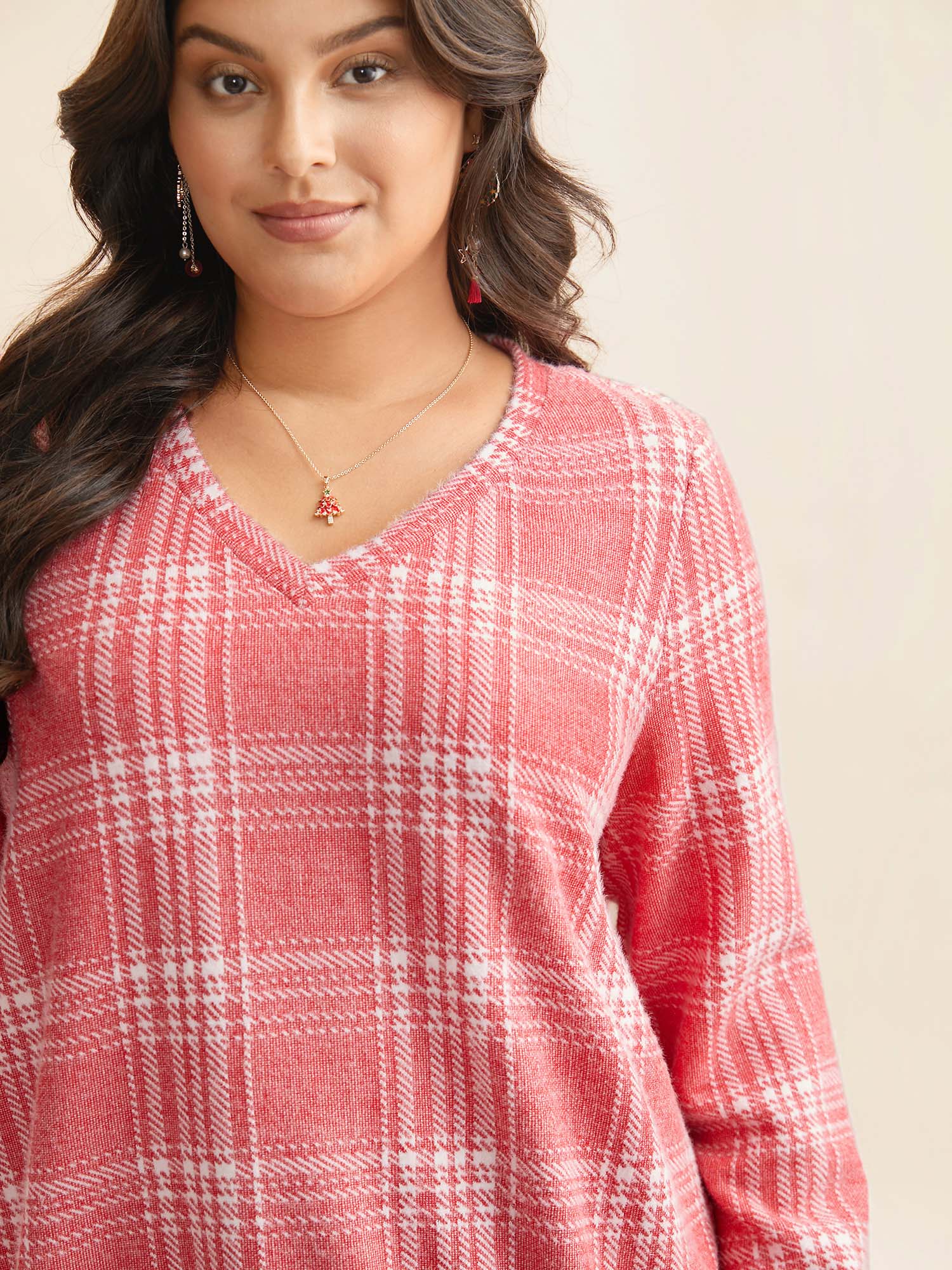 

Plus Size Brushed Plaid V-neck Sweatshirt Women Brightred Casual Non V-neck Everyday Sweatshirts BloomChic