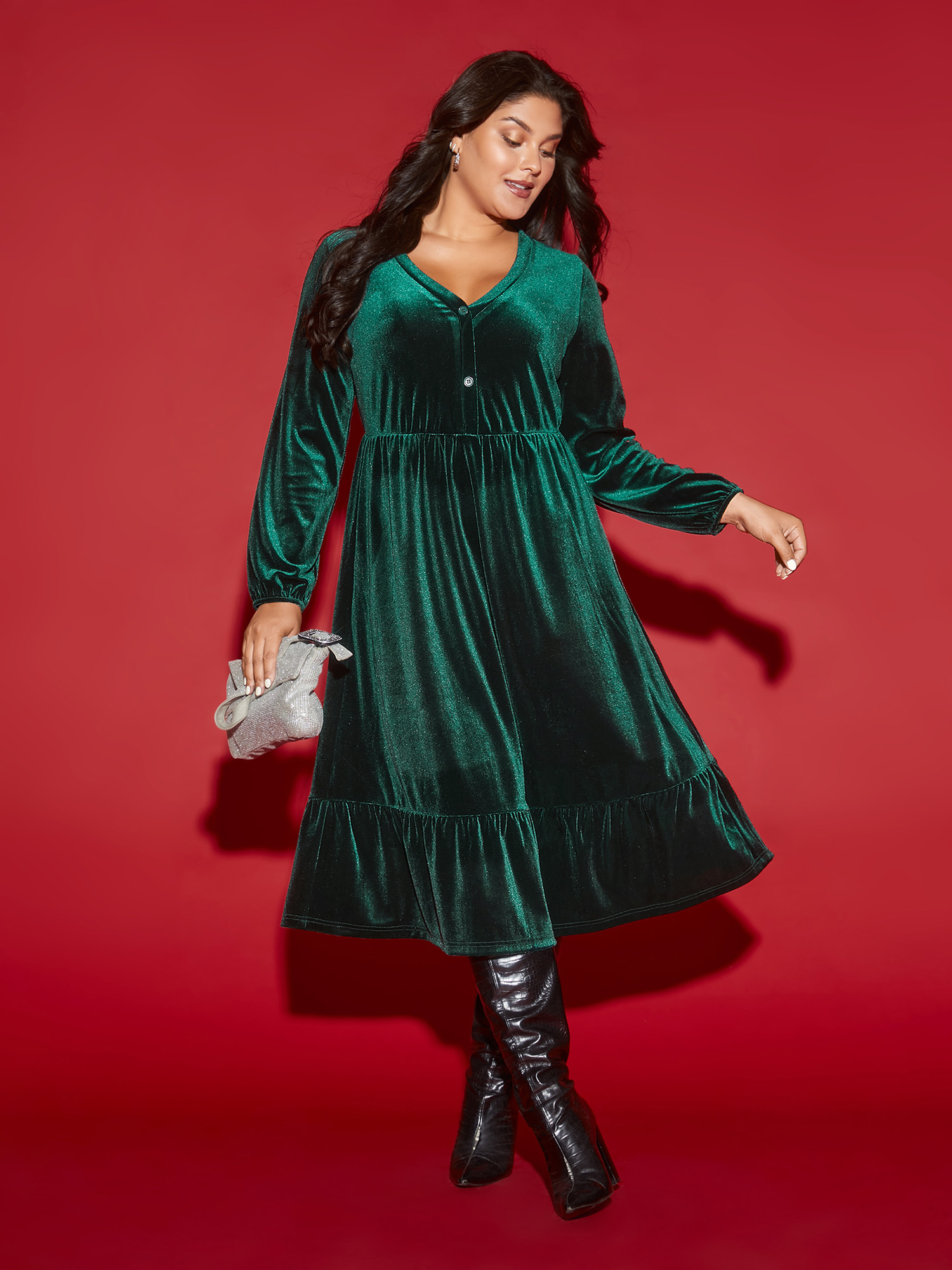 

Plus Size Velvet Front Button Pleated Midi Dress DarkGreen Women Cocktail Texture V-neck Long Sleeve Curvy BloomChic