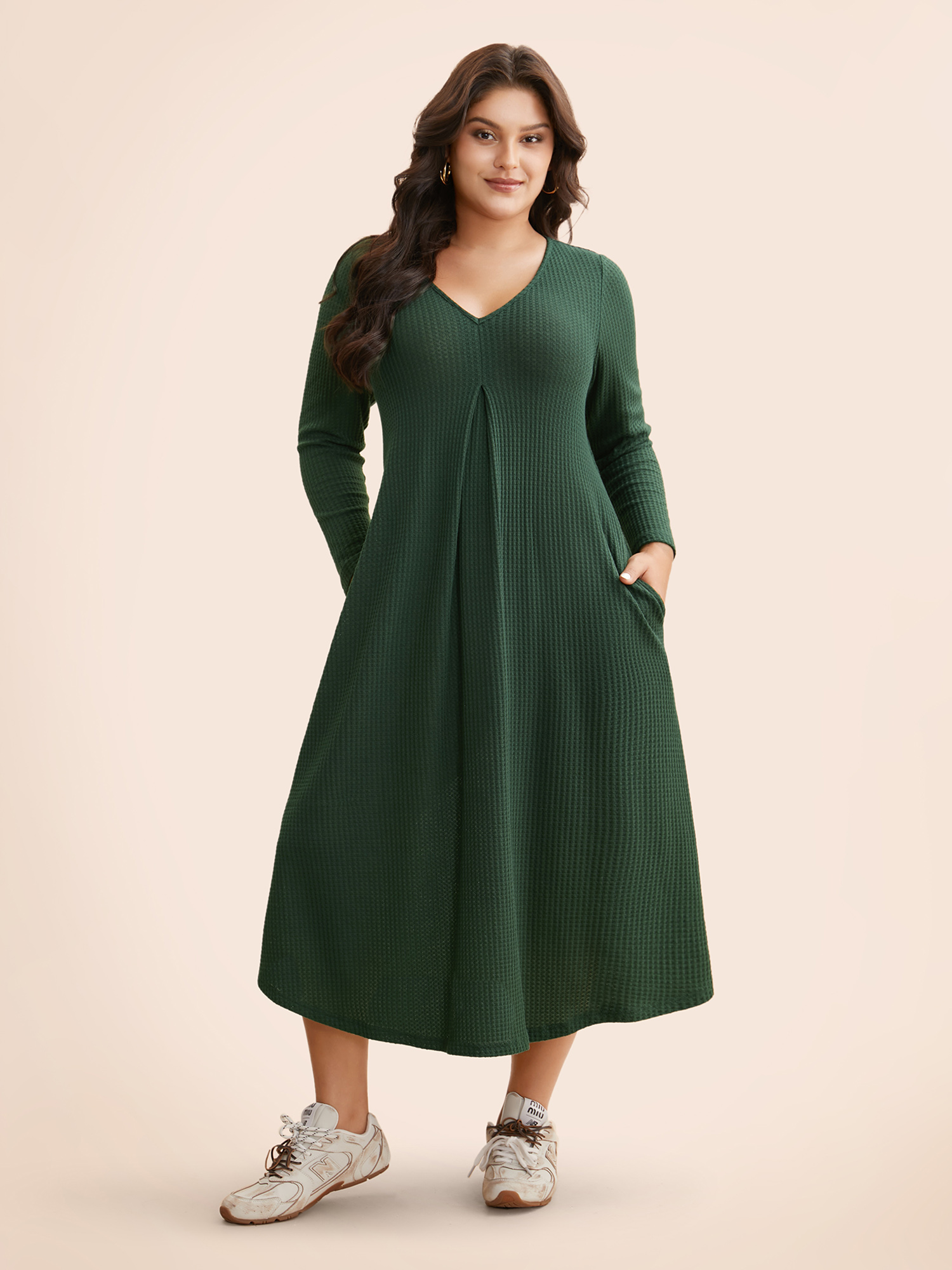 

Plus Size V Neck Waffle Knit Plicated Detail Dress DarkGreen Women Casual Texture V-neck Long Sleeve Curvy BloomChic