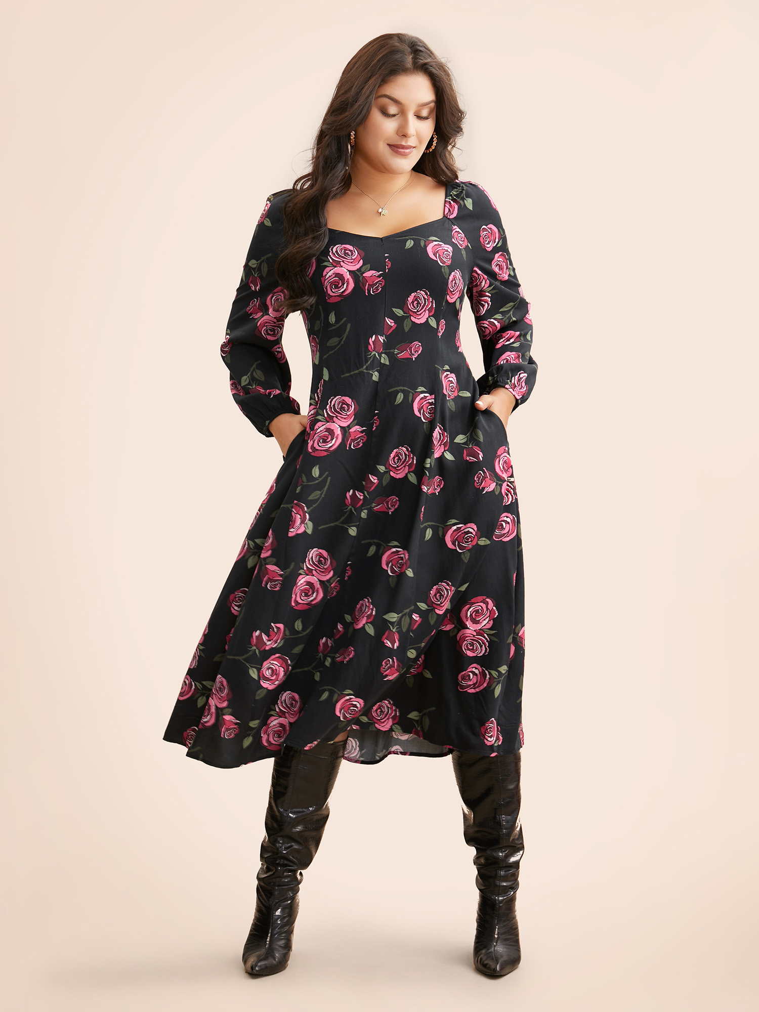 

Plus Size Floral Heart Neckline Cross Straps Dress Black Women Elegant Cross straps Heart neckline Long Sleeve Curvy BloomChic