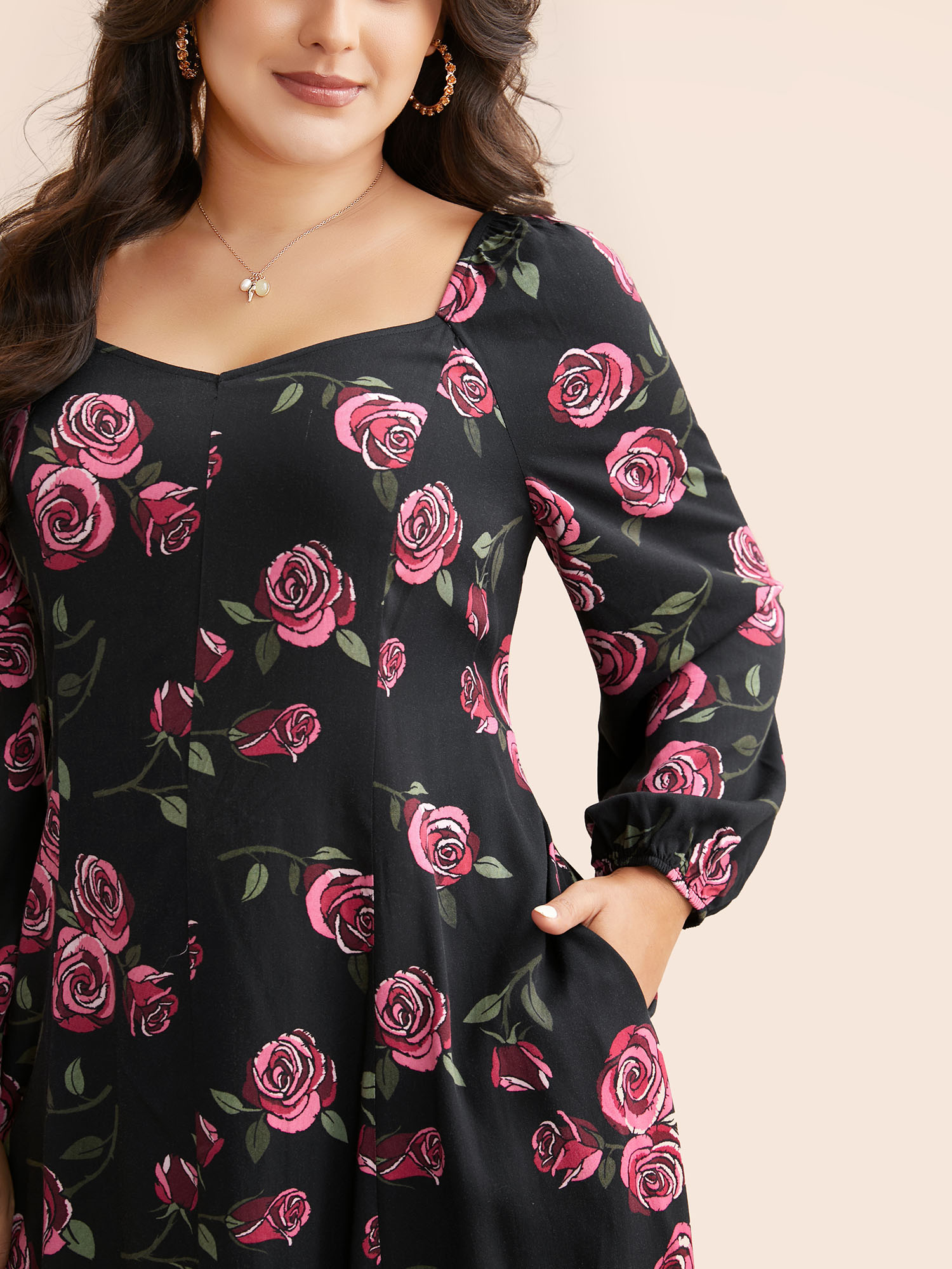 

Plus Size Floral Heart Neckline Cross Straps Dress Black Women Elegant Cross straps Heart neckline Long Sleeve Curvy BloomChic