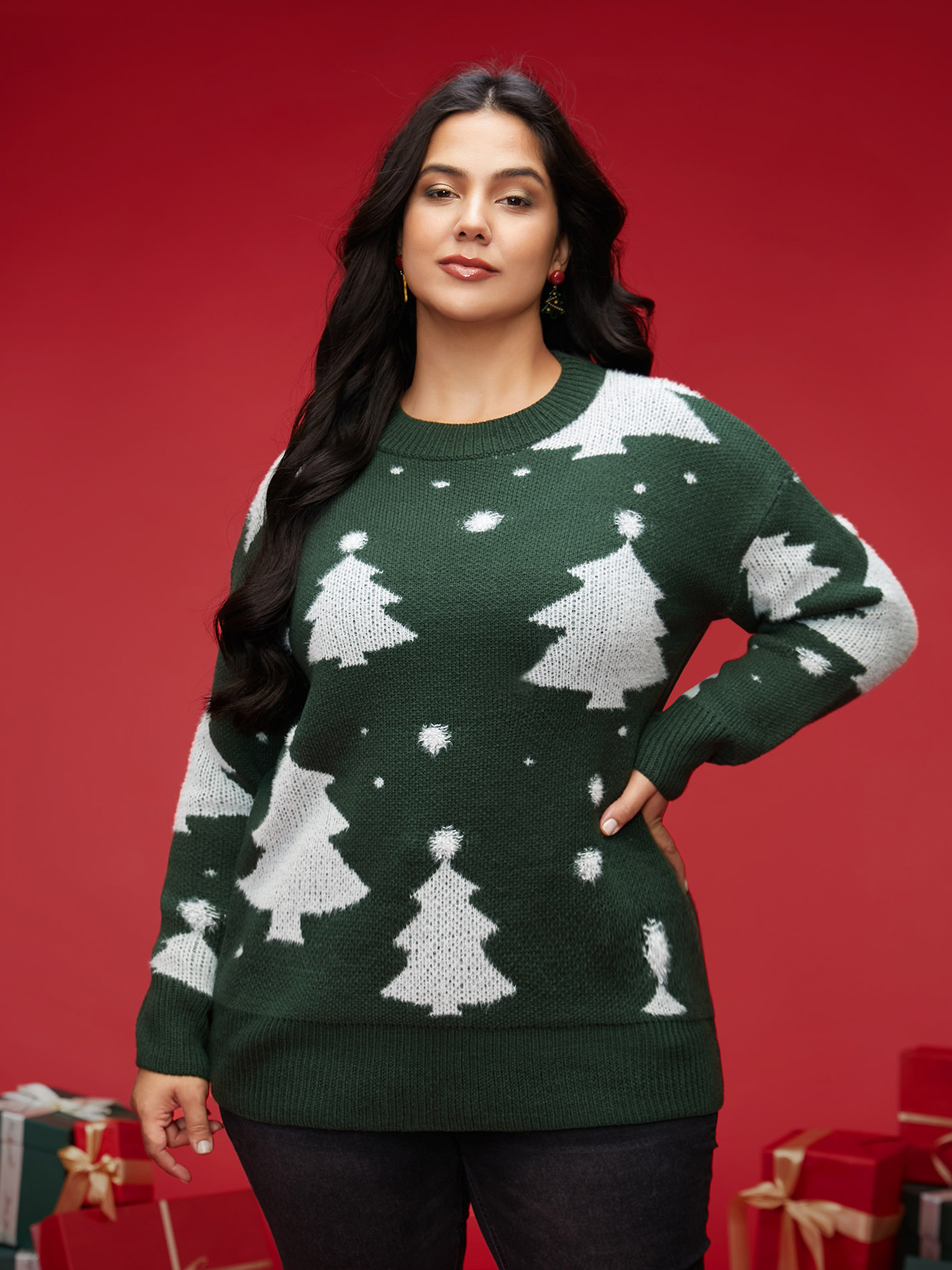 

Plus Size Festive Trees Ribbed Detailing Pullover DarkGreen Women Casual Loose Long Sleeve Round Neck Everyday Pullovers BloomChic