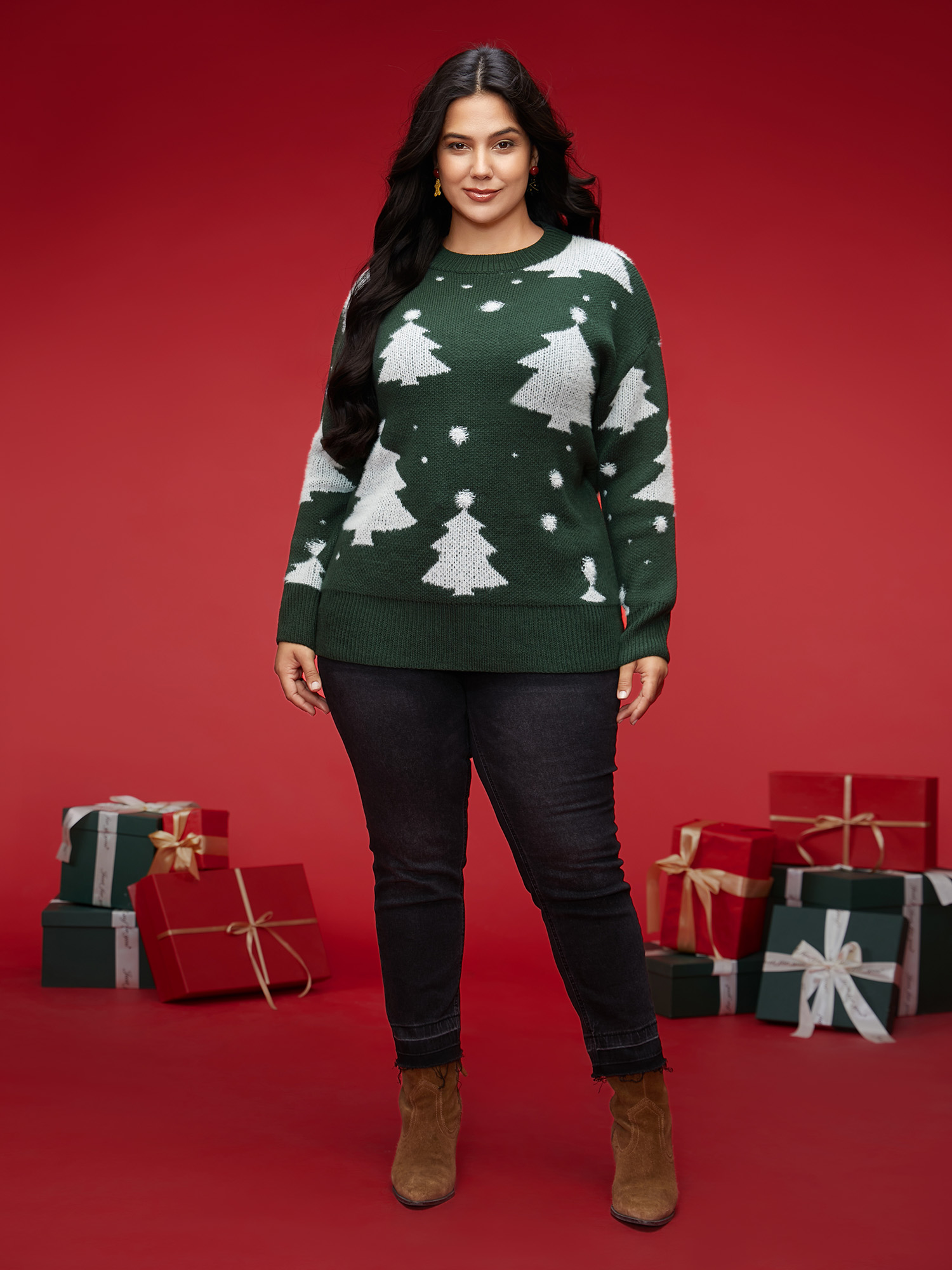 

Plus Size Festive Trees Ribbed Detailing Pullover DarkGreen Women Casual Loose Long Sleeve Round Neck Everyday Pullovers BloomChic