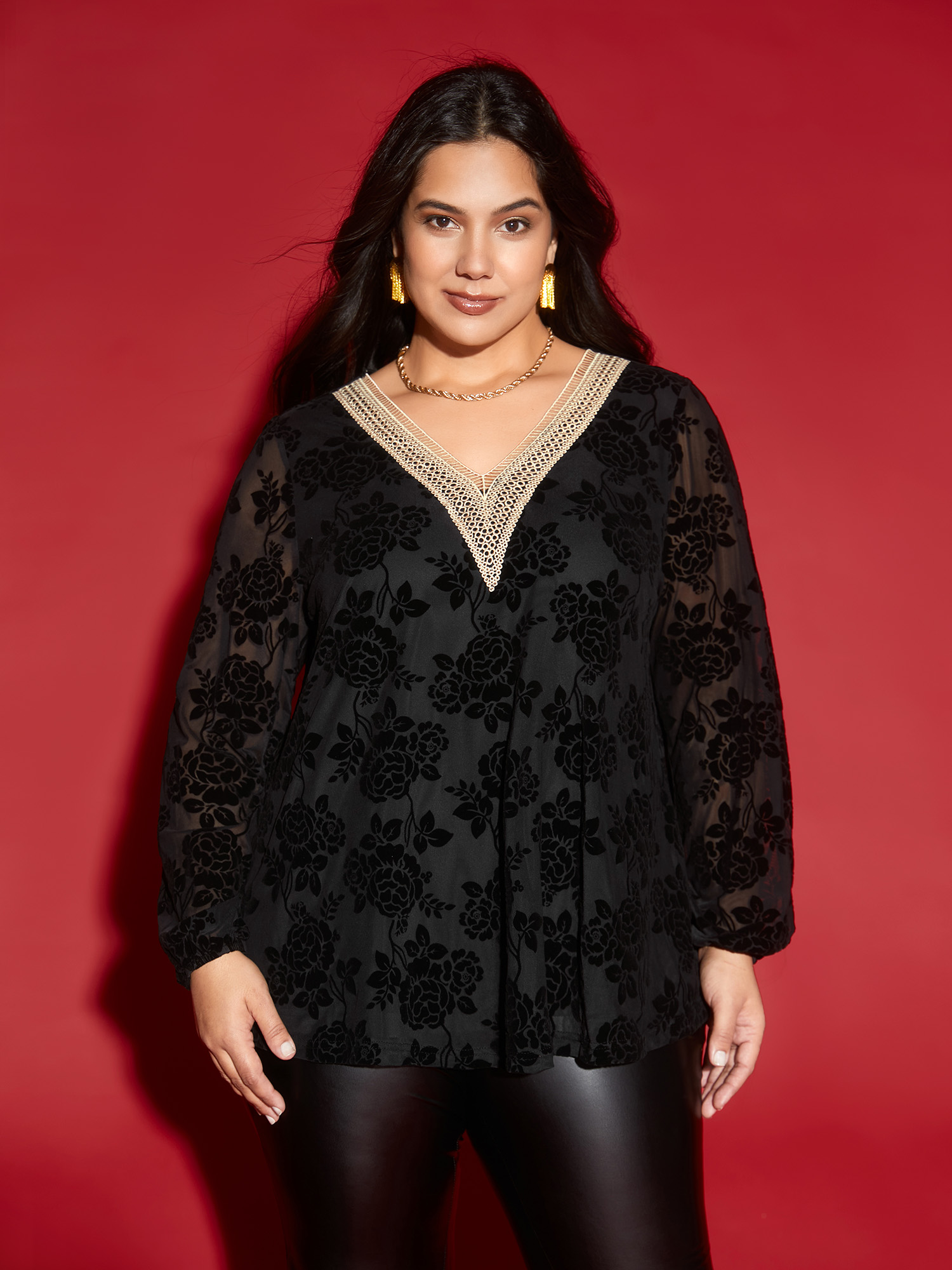 

Plus Size Black Sheer Flocked Lace Trim V-neck Blouse Women Cocktail Long Sleeve V-neck Party Blouses BloomChic