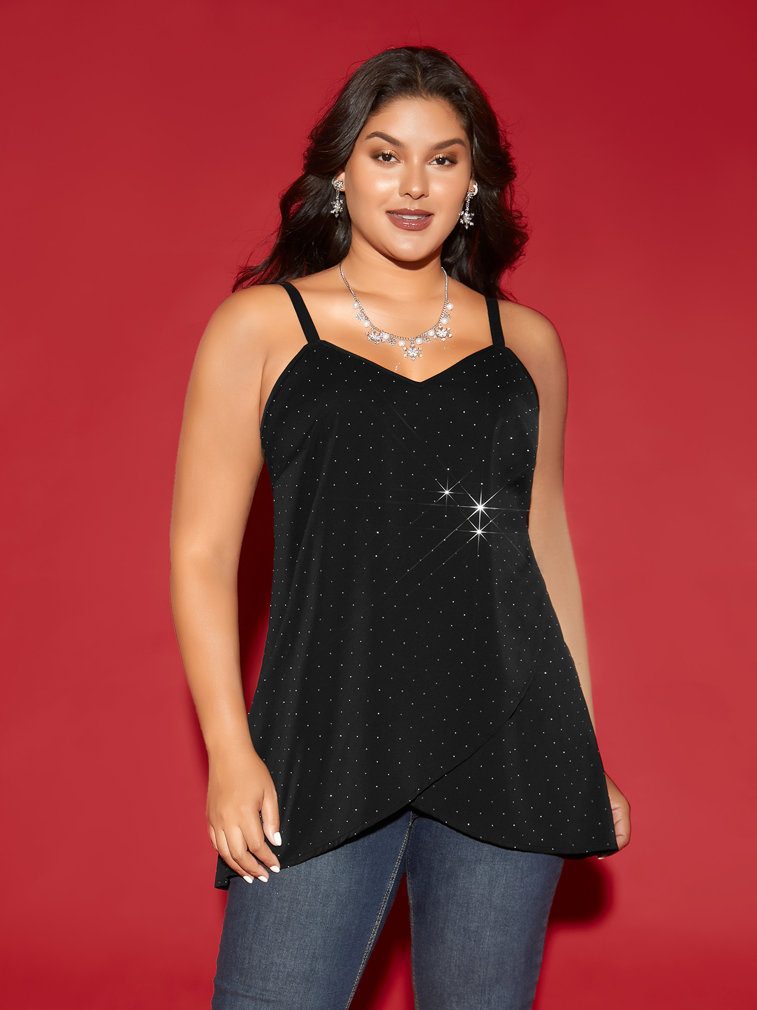 

Plus Size Gold Foil Asymmetrical Long Tank Top Women Black Cocktail Overlapping V-neck Party Tank Tops Camis BloomChic