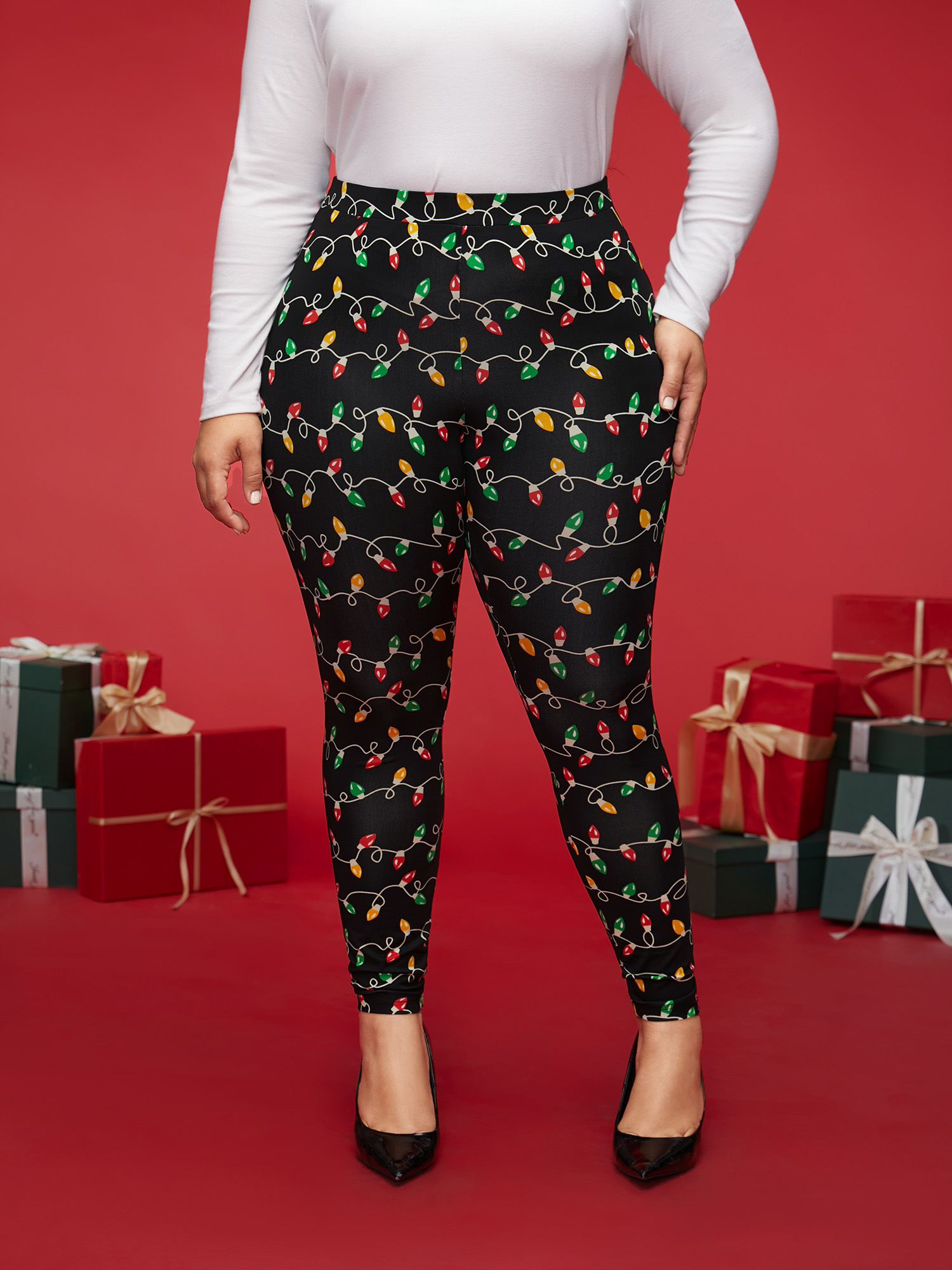 

Plus Size Colorful Bulb Print Festive Leggings Women Black Casual High stretch Skinny Mid Rise Everyday Leggings BloomChic