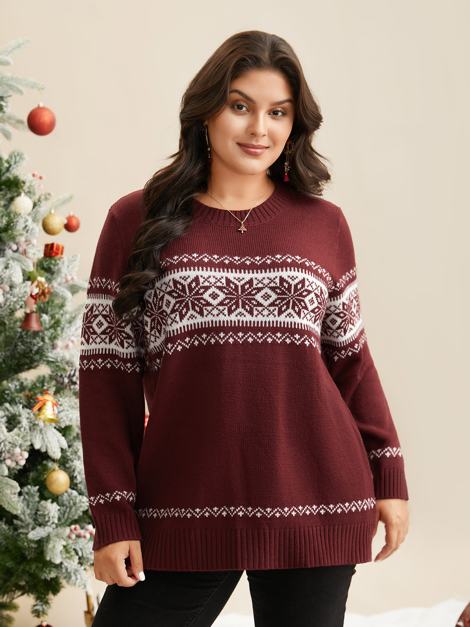 

Plus Size Snowflakes Embroidery Crew-Neck Pullover Scarlet Women Casual Loose Long Sleeve Turtleneck Everyday Pullovers BloomChic